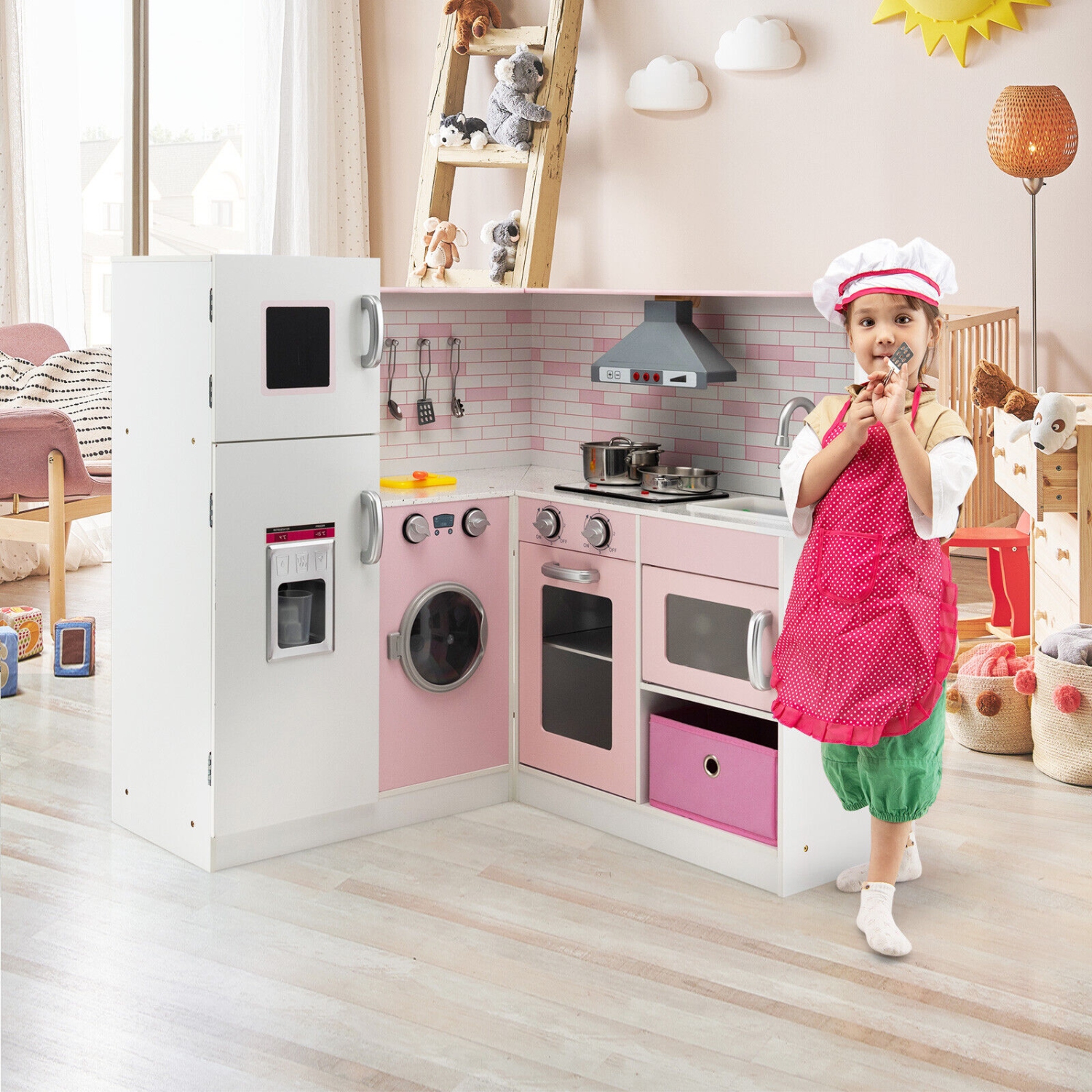 Gymax Kids Corner Kitchen Play Set w/ Lifelike Sound & Sparkling Light Gift for Age 3+