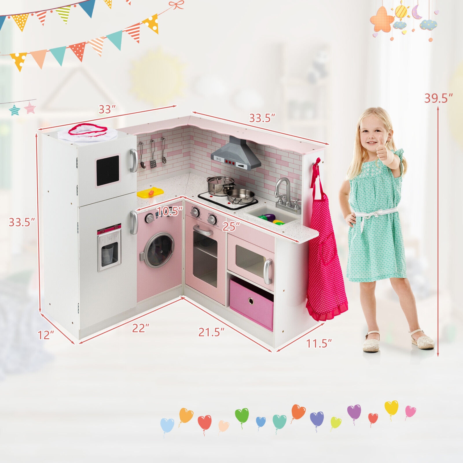 Gymax Kids Corner Kitchen Play Set w/ Lifelike Sound & Sparkling Light Gift for Age 3+