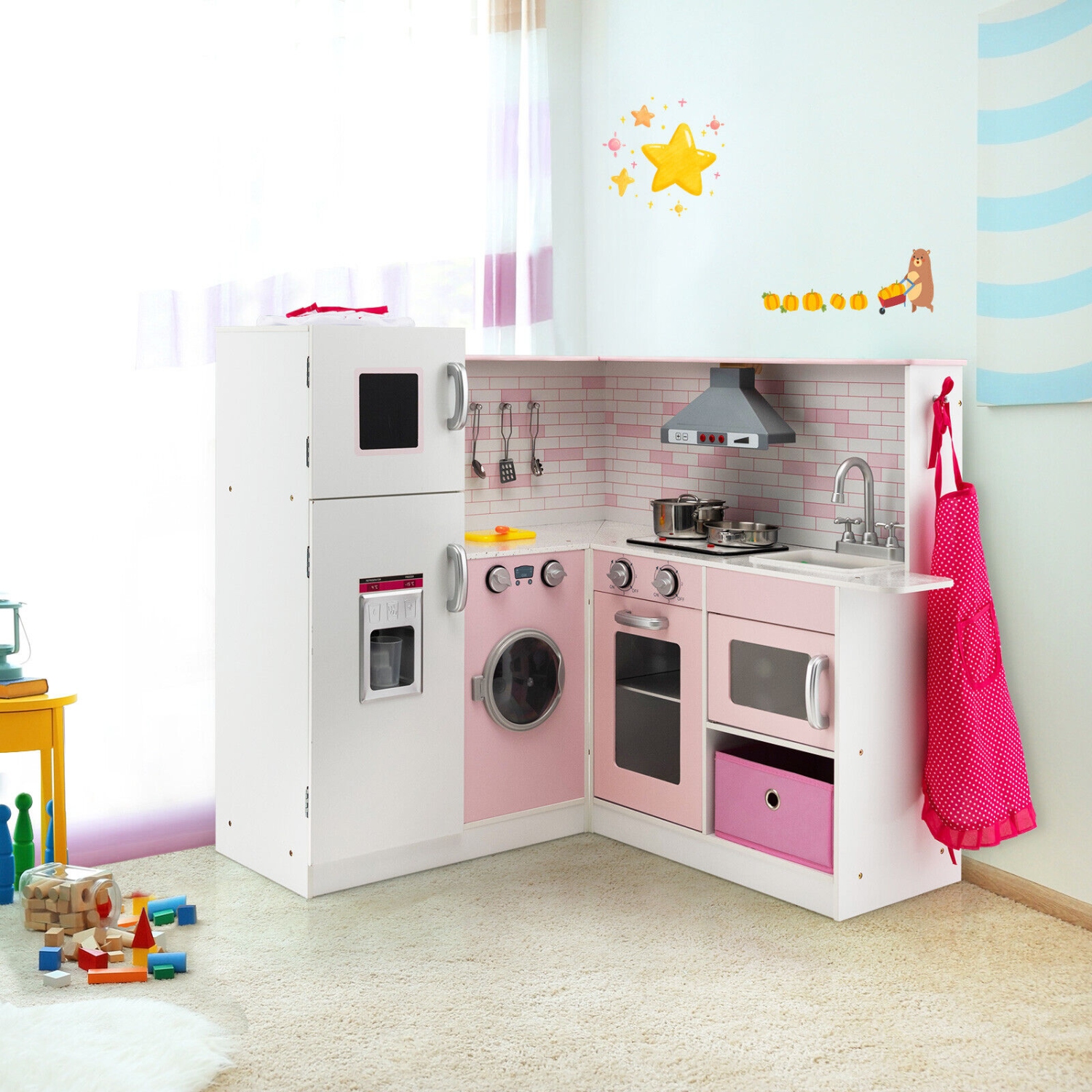 Gymax Kids Corner Kitchen Play Set w/ Lifelike Sound & Sparkling Light Gift for Age 3+