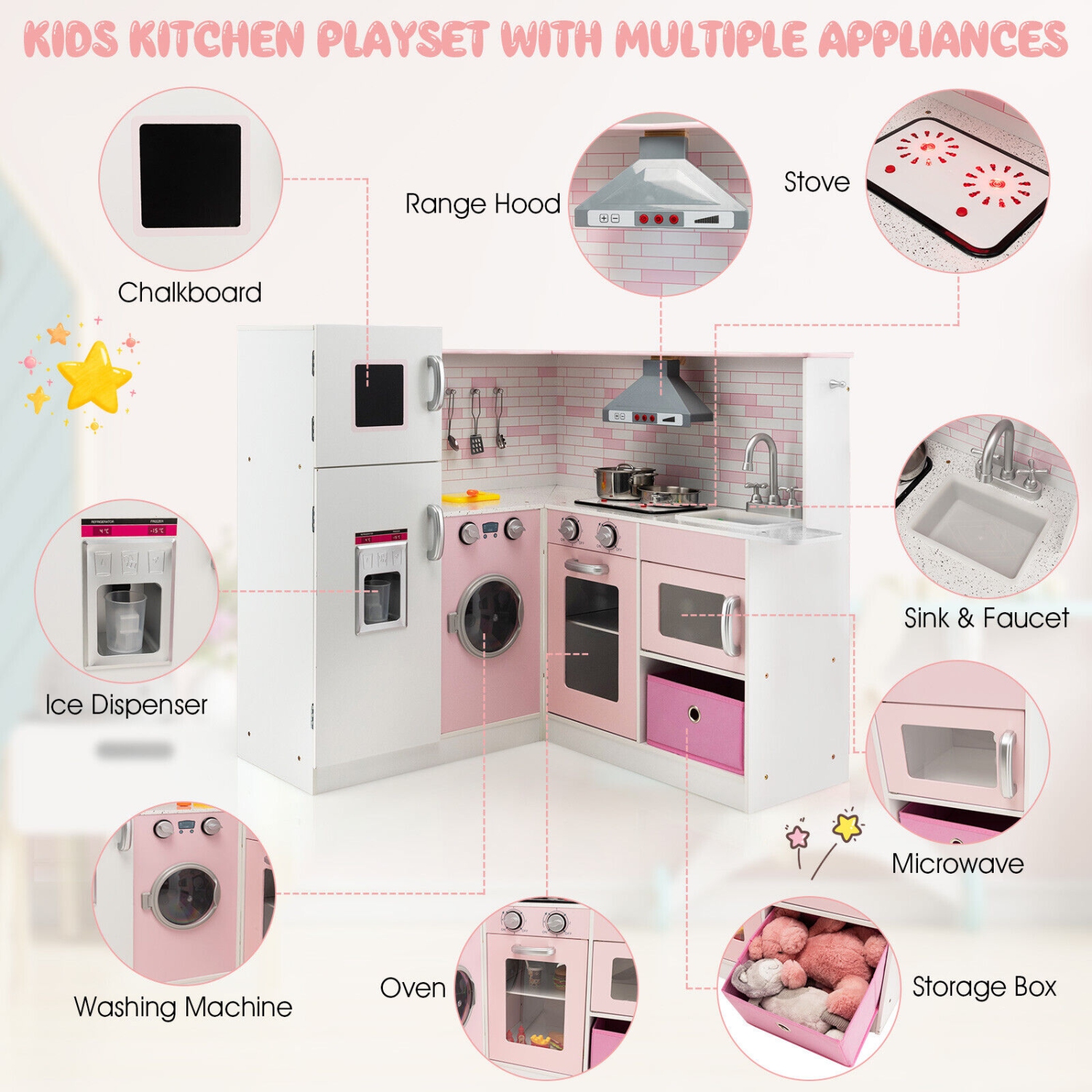 Gymax Kids Corner Kitchen Play Set w/ Lifelike Sound & Sparkling Light Gift for Age 3+