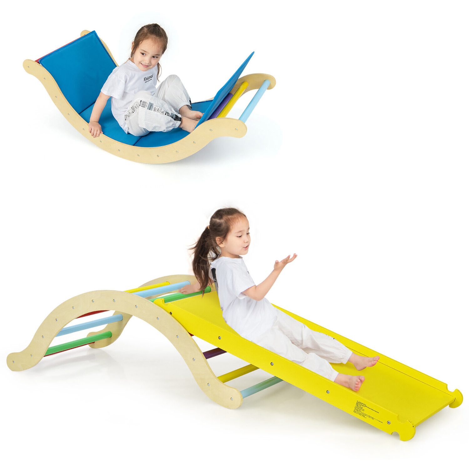 Gymax 3-in-1 Kids Climber Set Wooden Arch Triangle Rocker w/ Blue & Ramp Mat