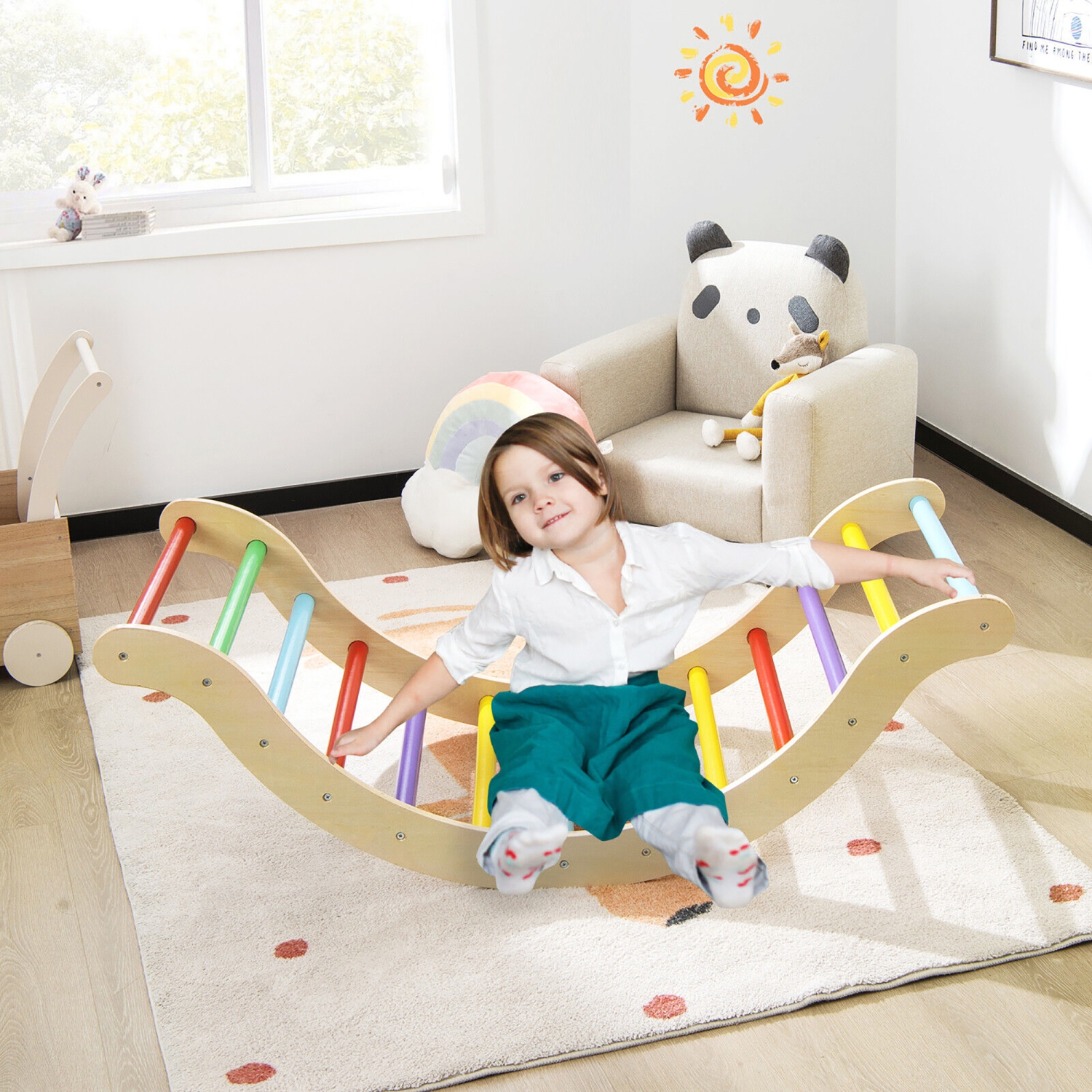 Gymax 3-in-1 Kids Climber Set Wooden Arch Triangle Rocker w/ Blue & Ramp Mat