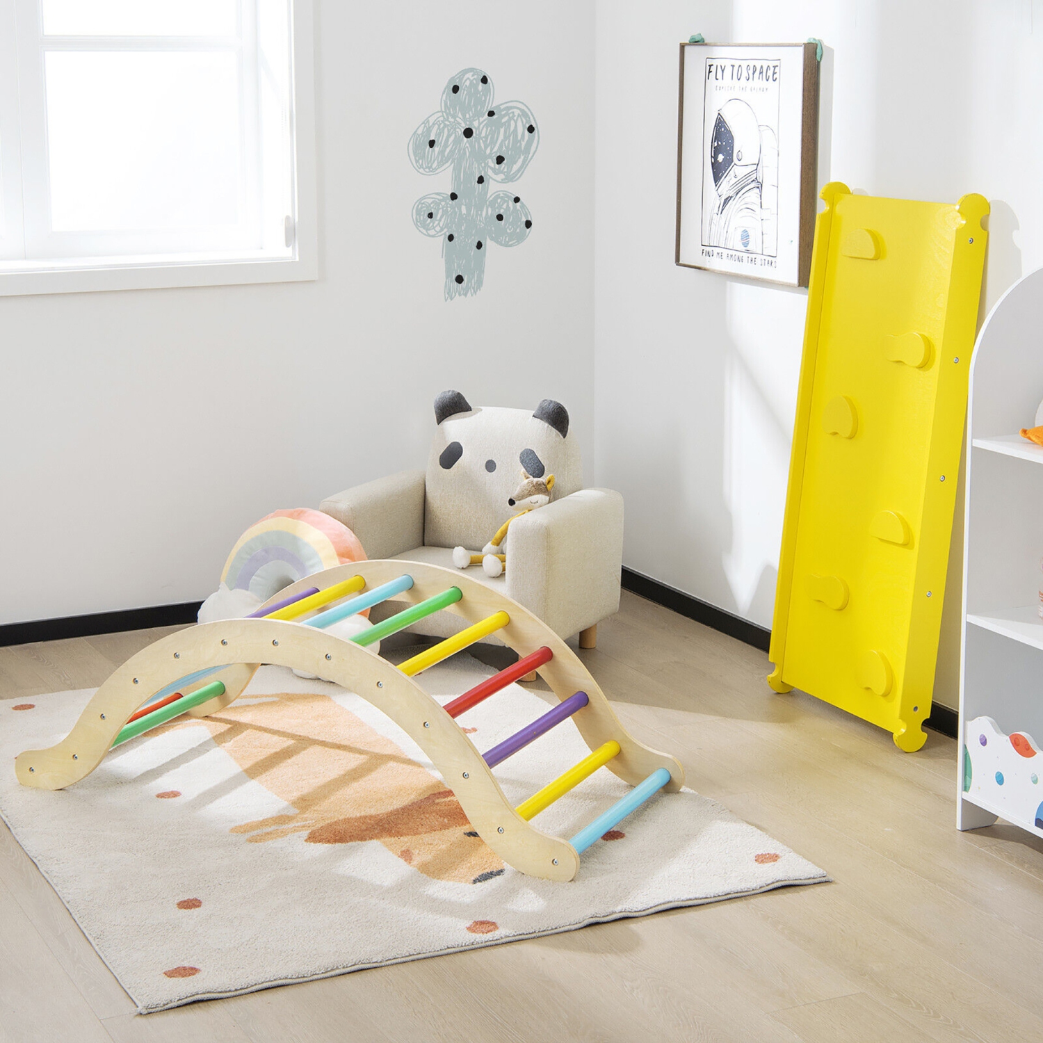 Gymax 3-in-1 Kids Climber Set Wooden Arch Triangle Rocker w/ Blue & Ramp Mat