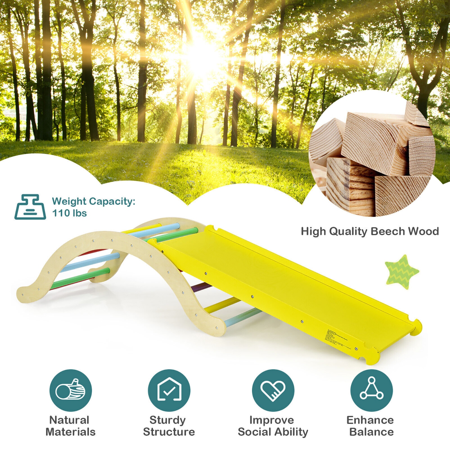 Gymax 3-in-1 Kids Climber Set Wooden Arch Triangle Rocker w/ Blue & Ramp Mat