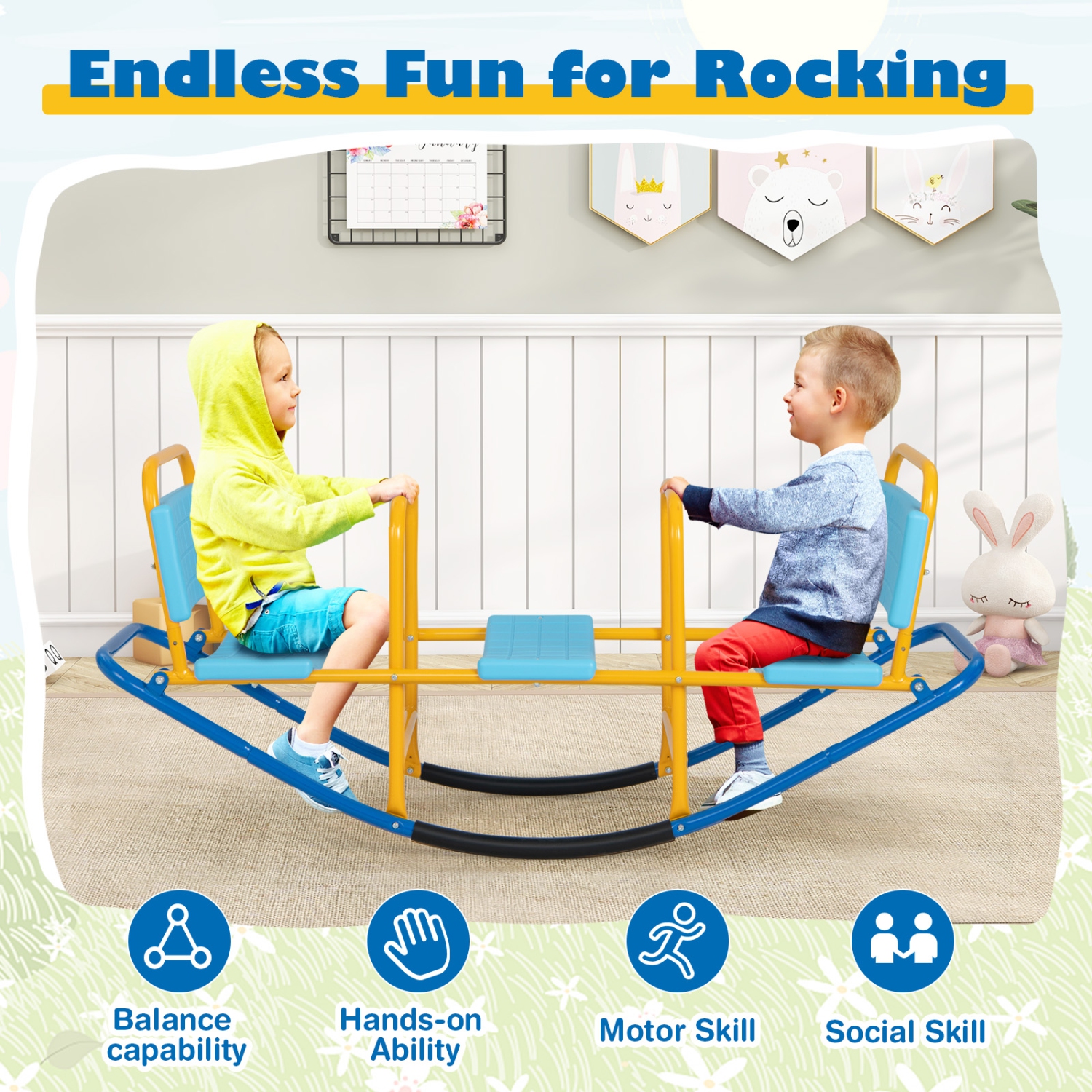 Gymax Kids Teeter Totter Outdoor Teeter Totter Gift for Children Boys Girl Blue