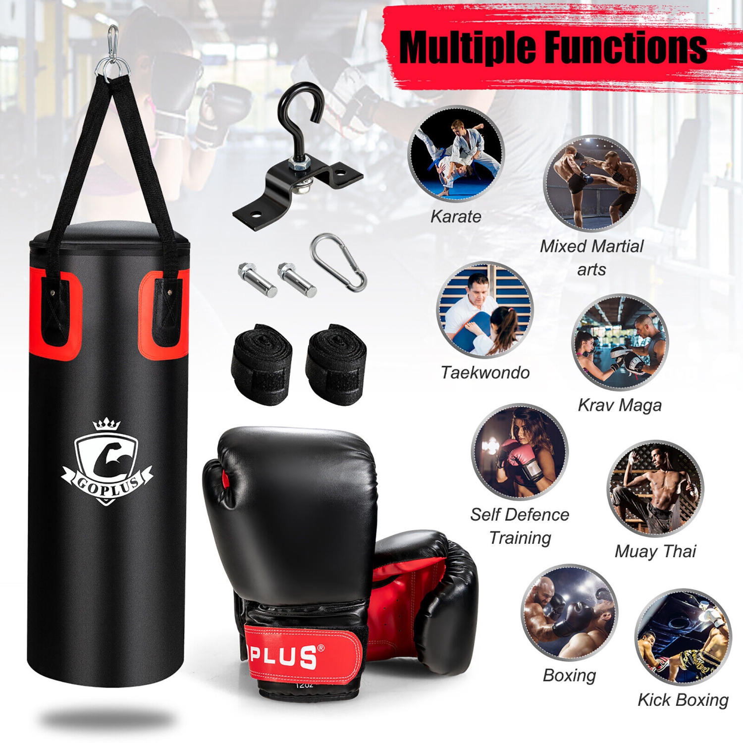 Gymax 56Lbs Filled Punching Bag Set Kickboxing MMA Thai Training w/ Hand Wraps Hanger