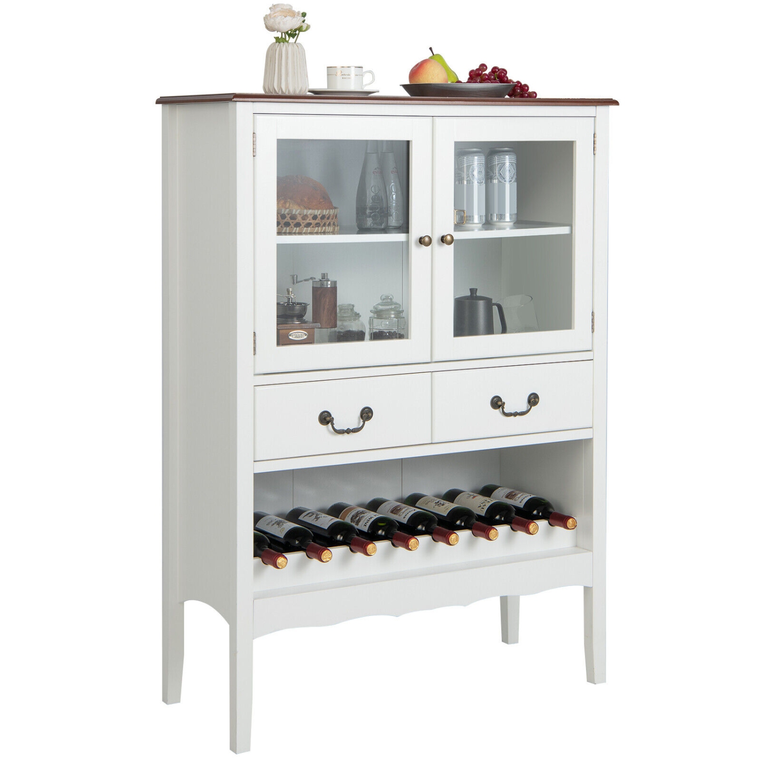 Gymax 2-Door Liquor Coffee Bar Cabinet Freestanding Buffet Sideboard Wine Rack Drawers
