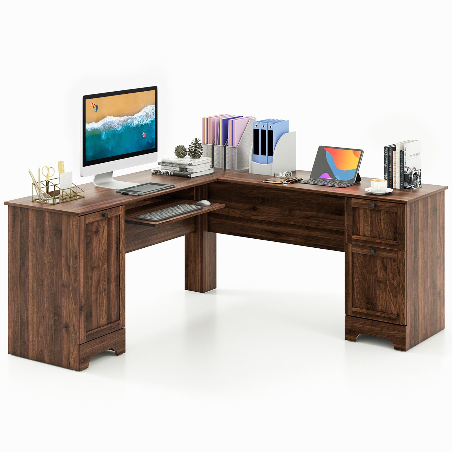 Gymax 66.5'' L Shaped Home Office Desk Corner Computer Desk Drawer Keyboard Tray Walnut