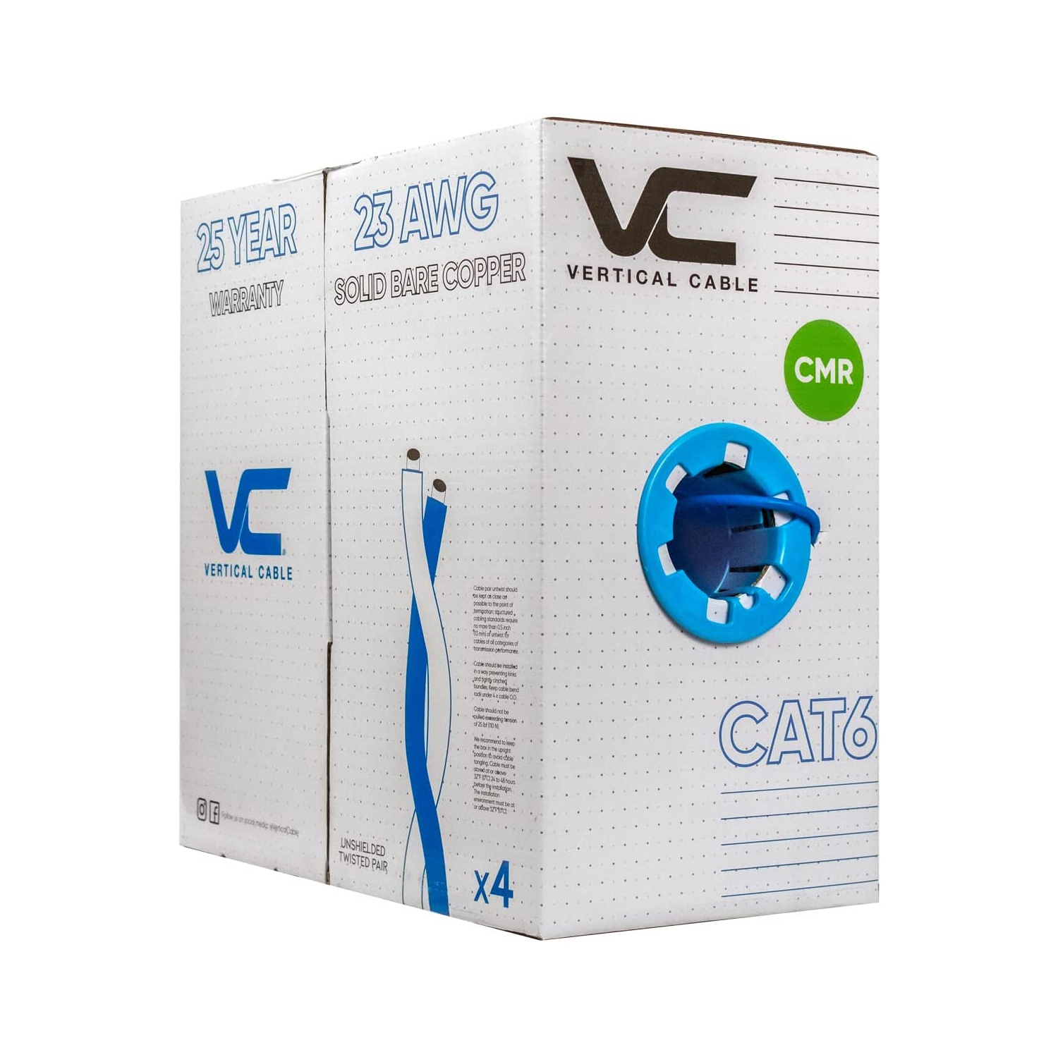 Vertical Cable CAT6 Solid Bare Copper Riser Cable, 1000ft. UTP, 550MHz, 23AWG, CMR, Blue