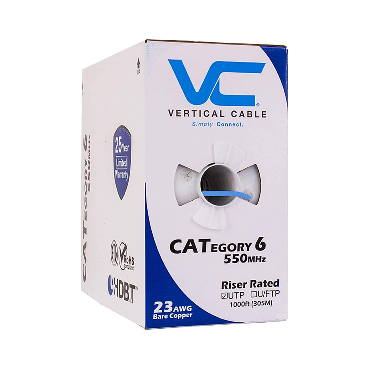 Vertical Cable CAT6 Solid Bare Copper Riser Cable, 1000ft. UTP, 550MHz, 23AWG, CMR, Blue