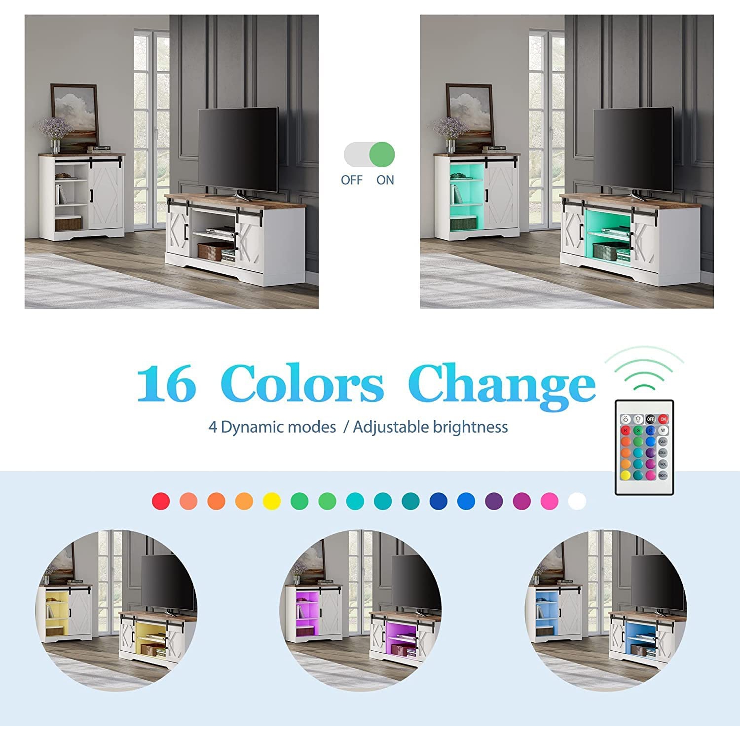 Meuble champêtre de WAMPAT pour téléviseur de 65 po avec éclairage DEL RVB pour téléviseur moderne meuble audio-vidéo avec porte de grange