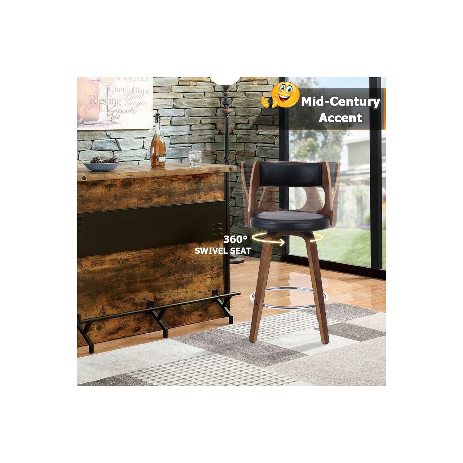 Moustache 2Pack Bar stools Mid-Century 26" Wood Swivel Counter Stools Pub Chair with Back & Foot Ring