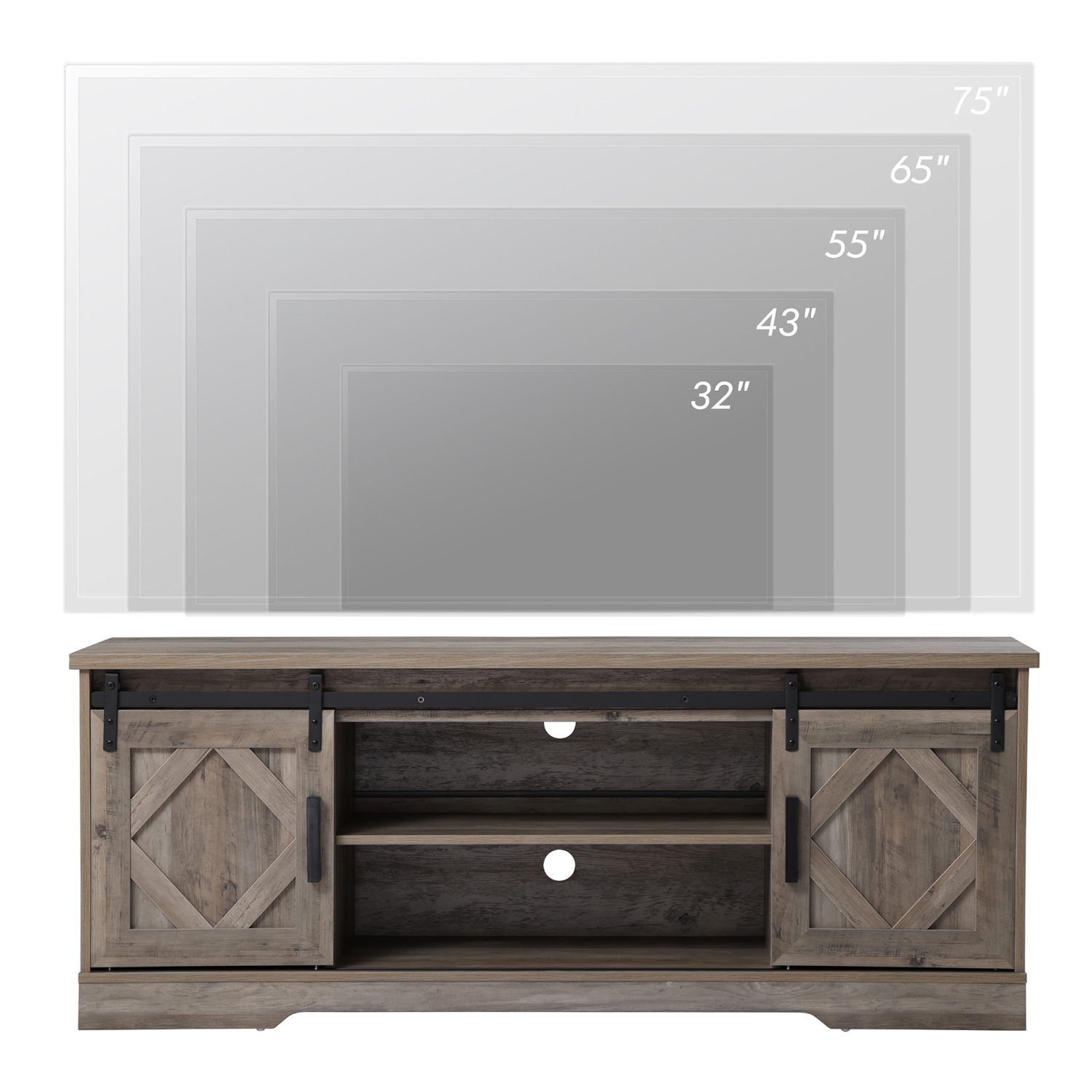 Meuble pour téléviseur DEL avec bandes lumineuses bleues de WAMPAT pour écran plat jusqu’à 65 po, meuble champêtre avec portes de grange