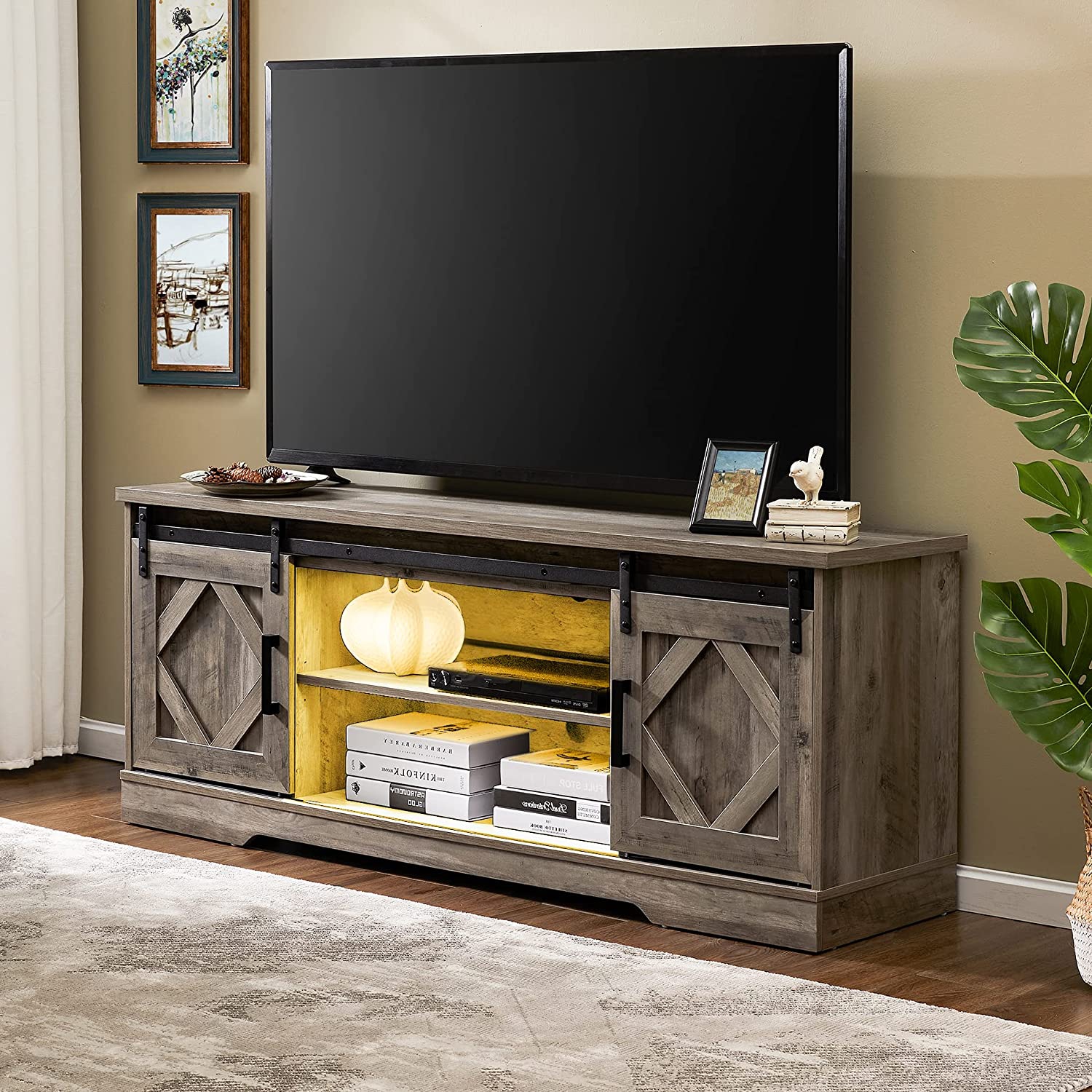 WAMPAT Grey LED Farmhouse TV Stand with USB Yellow Lights Strip for 55/65 Inch Flat Screen, Wood Media Console Table with Sliding Barn Doors for Living Room, 59"