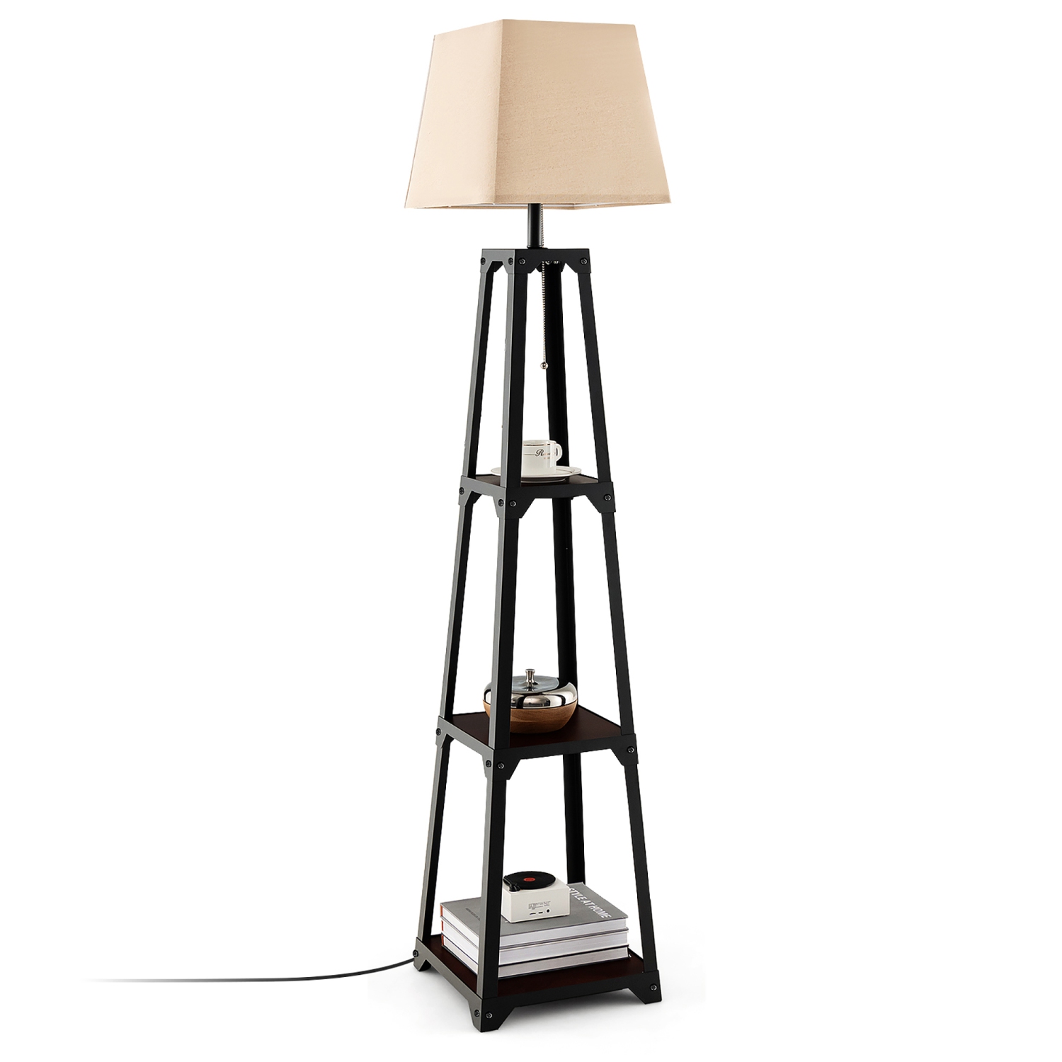 Gymax Display Floor Lamp w/ Shelves & Linen Lampshade for Living Room Bedroom Office
