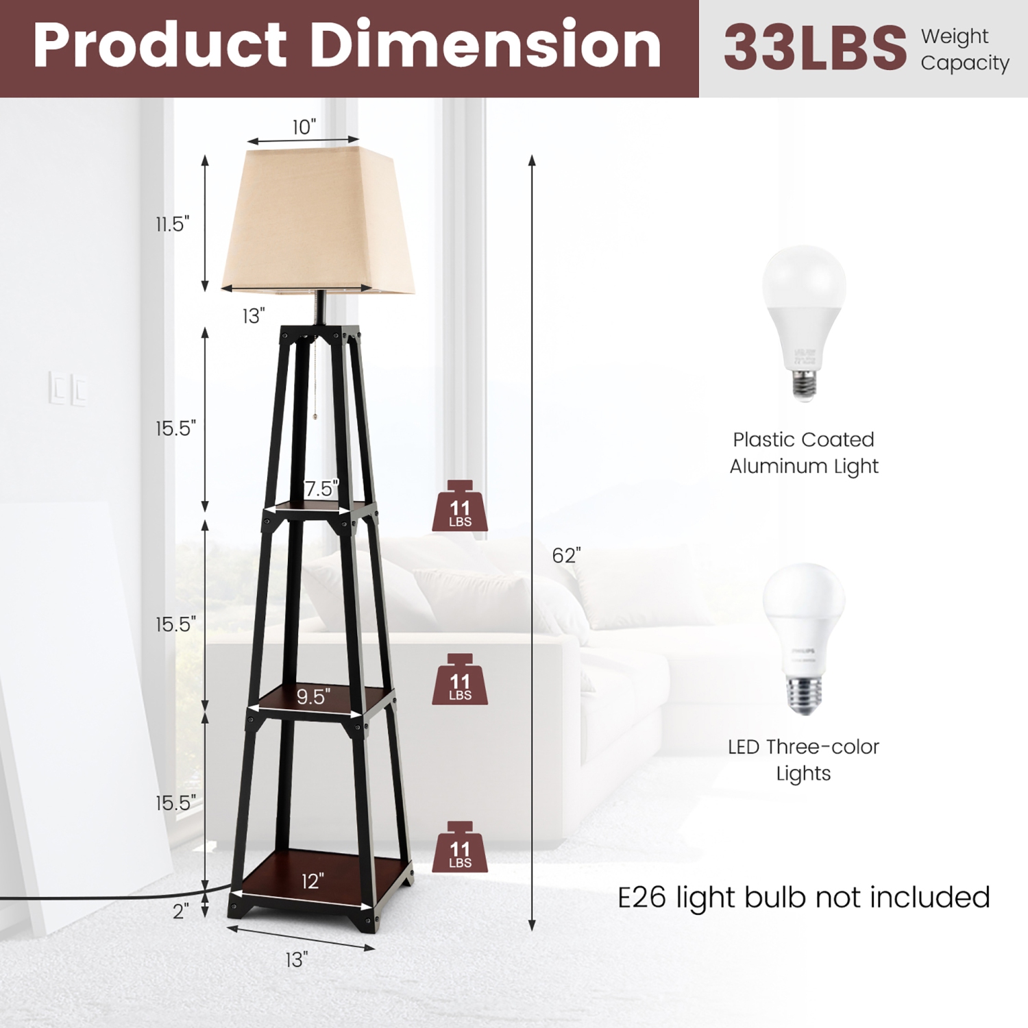 Gymax Display Floor Lamp w/ Shelves & Linen Lampshade for Living Room Bedroom Office