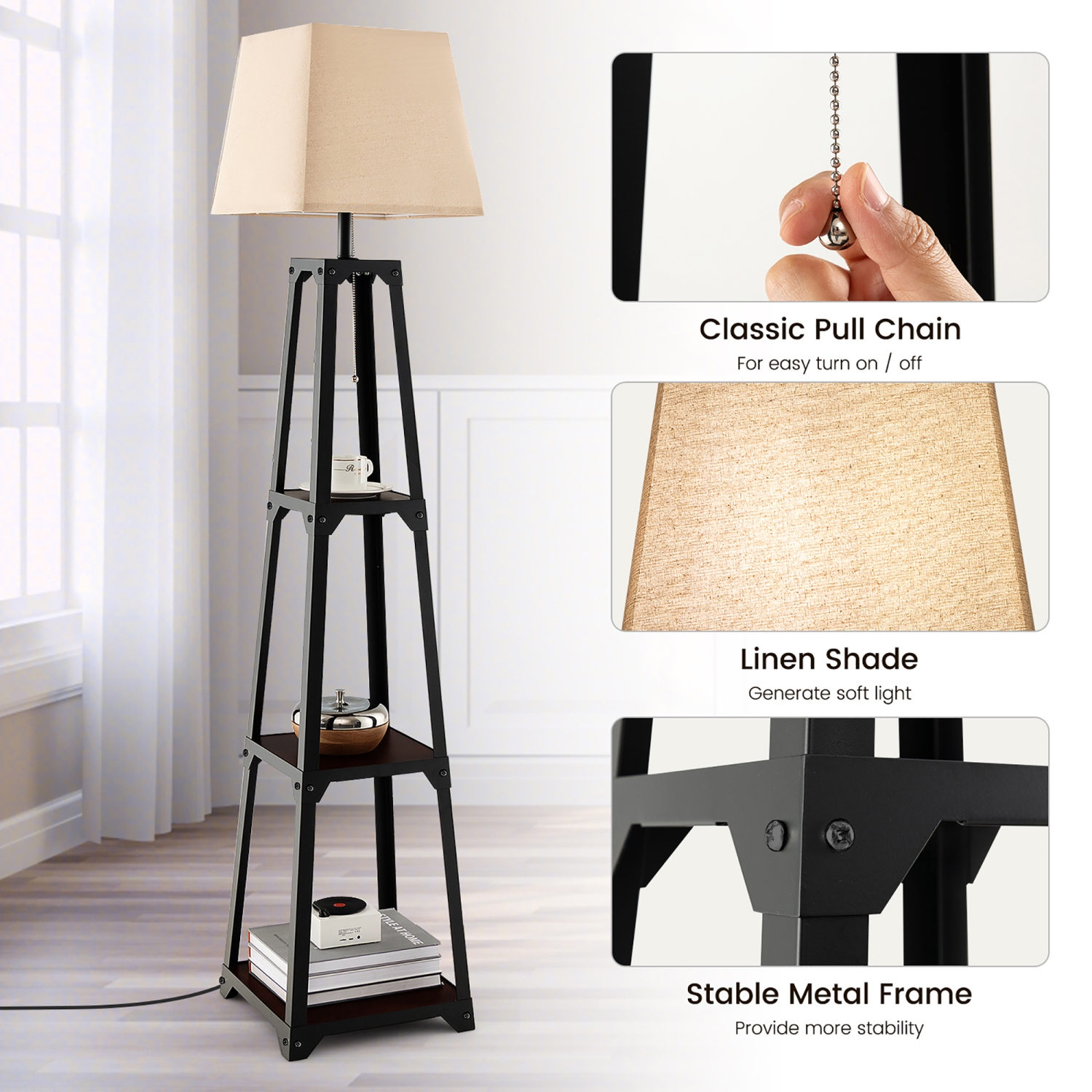 Gymax Display Floor Lamp w/ Shelves & Linen Lampshade for Living Room Bedroom Office
