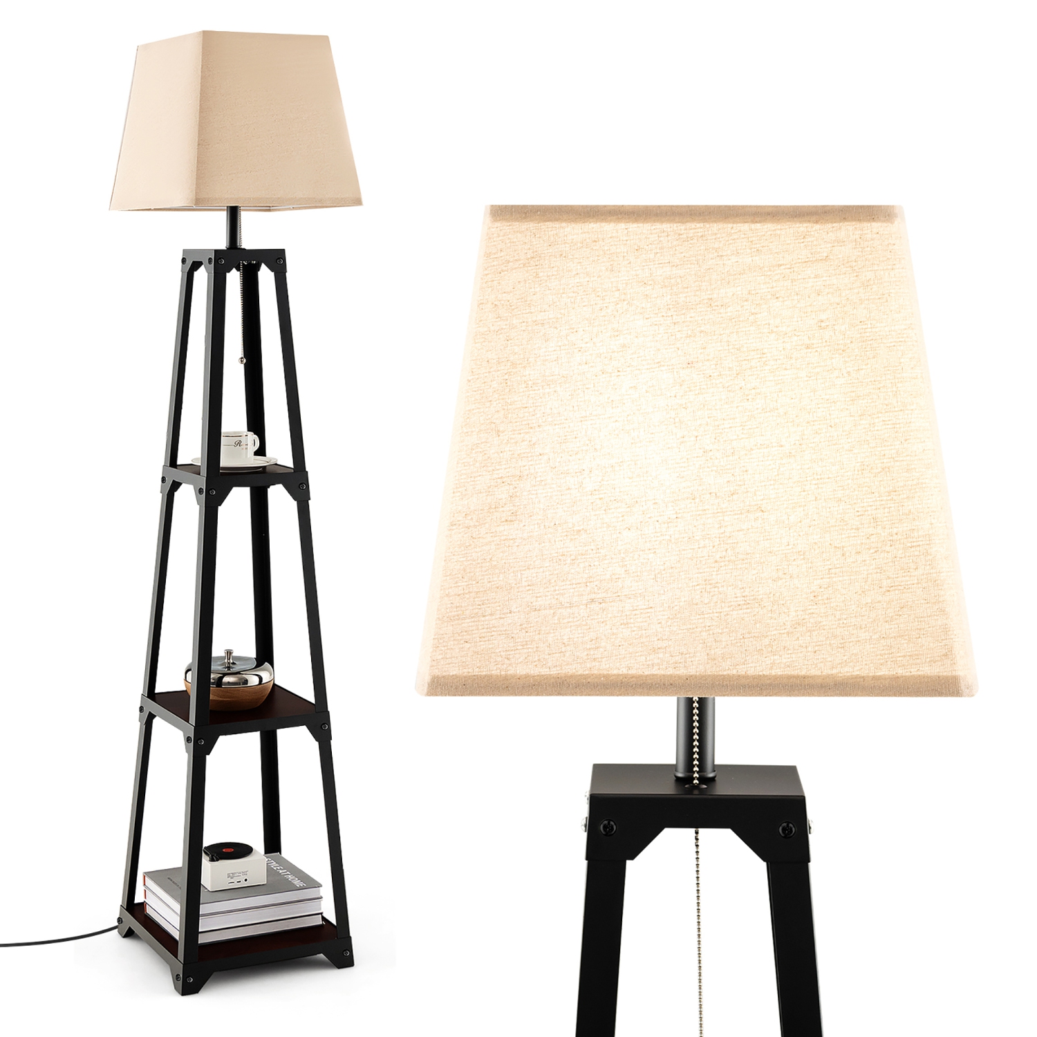 Gymax Display Floor Lamp w/ Shelves & Linen Lampshade for Living Room Bedroom Office