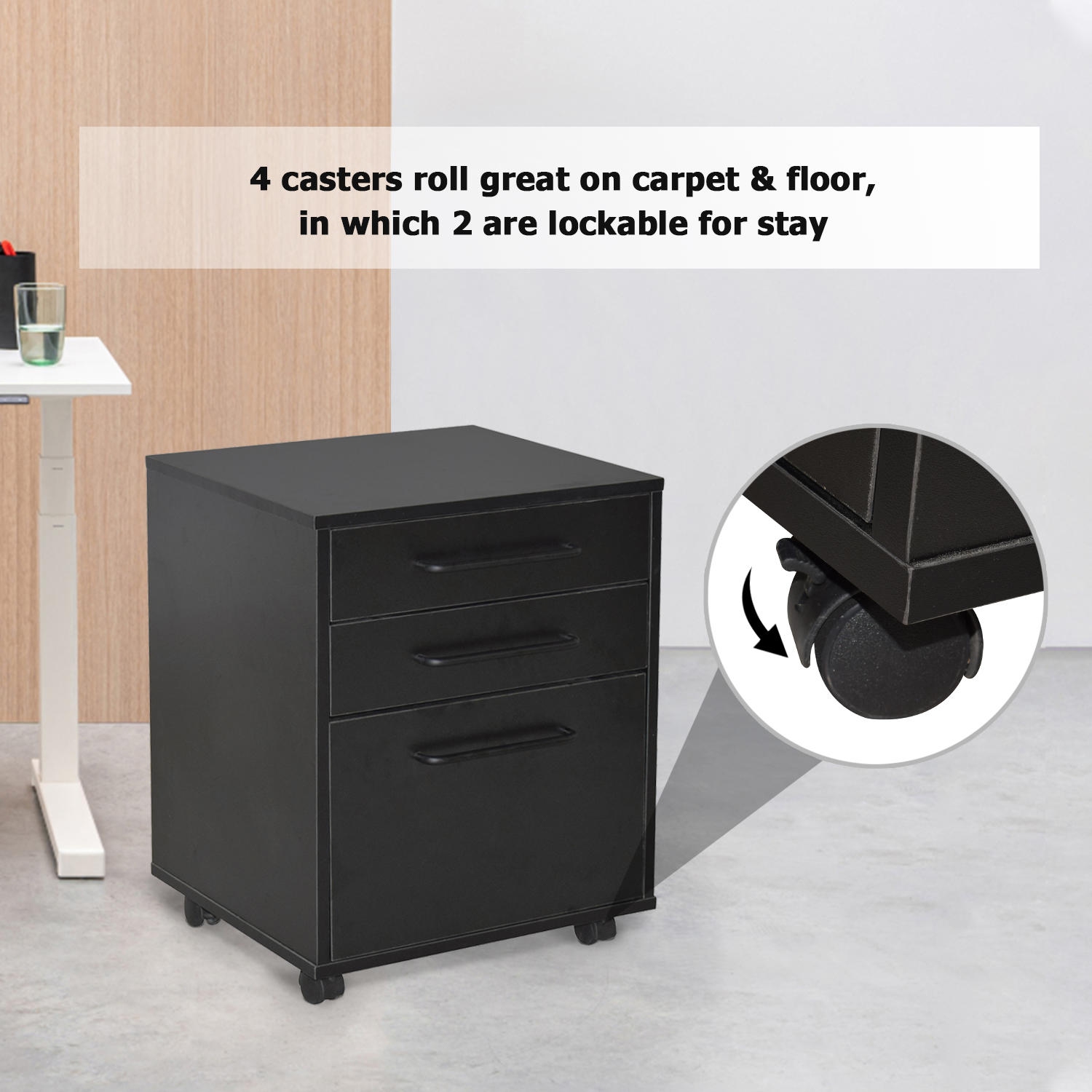 3 Drawers File Cabinet , Under Desk Vertical Rolling Mobile Filing Cabinet with 4 Casters for Letter Sized Documents