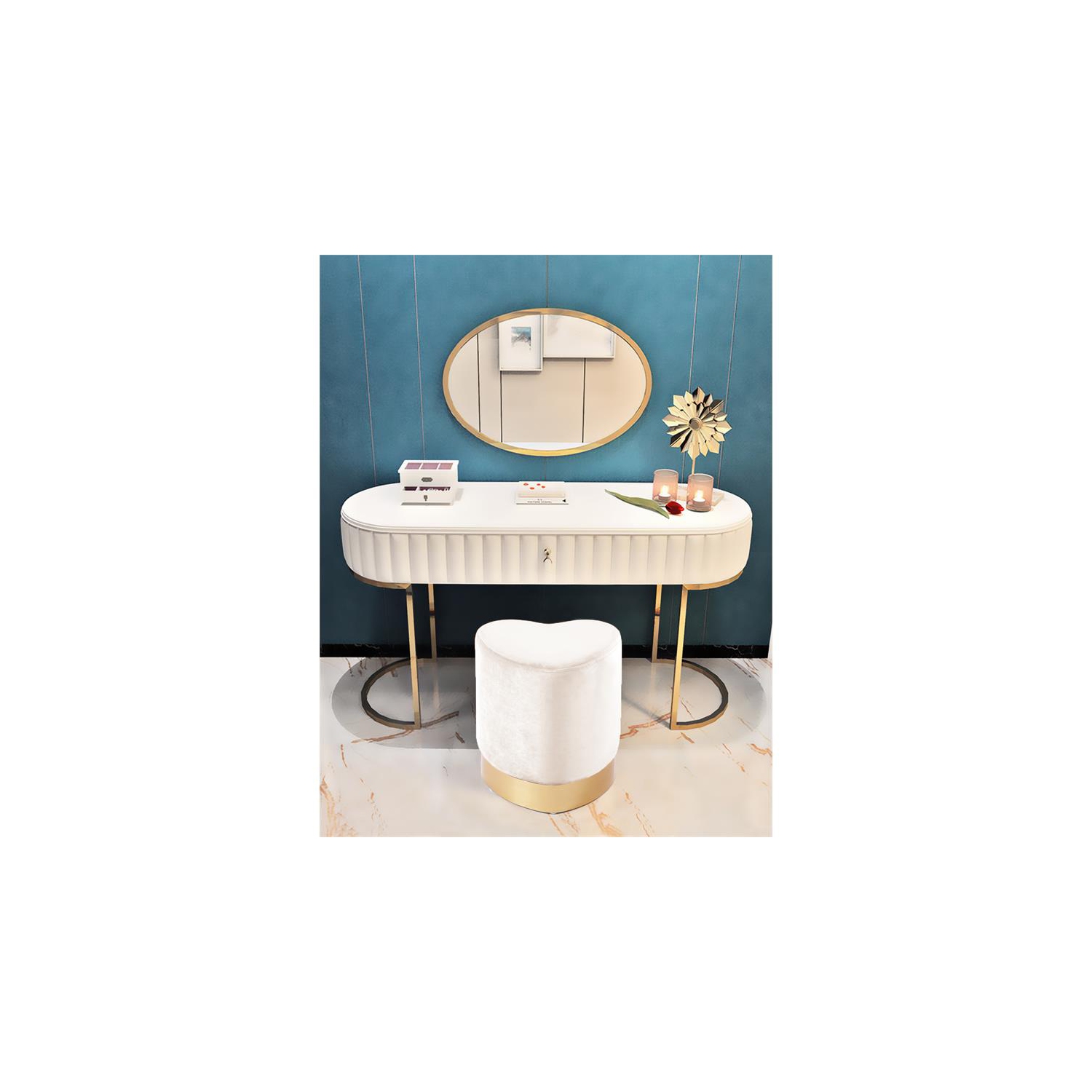 Tabouret/pouf contemporain en velours Meridian Furniture avec motif de coeur, crème