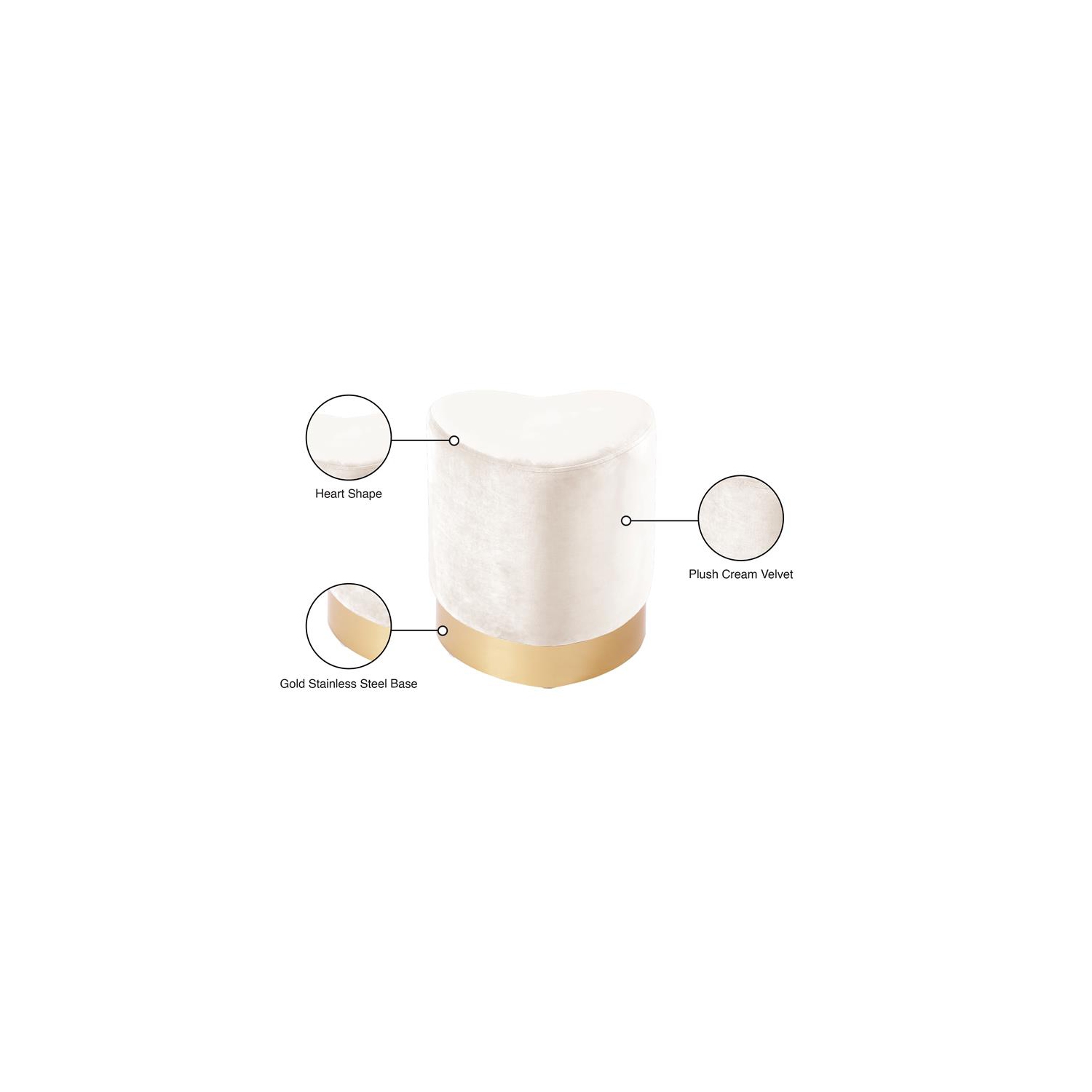 Tabouret/pouf contemporain en velours Meridian Furniture avec motif de coeur, crème