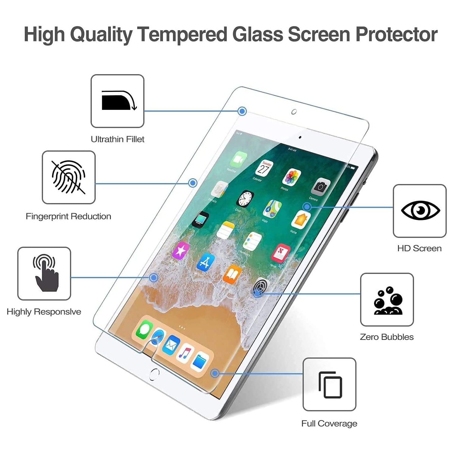XCRS Tempered Glass, with Accurate Touch, Screen Protector for Apple iPad 9.7’’