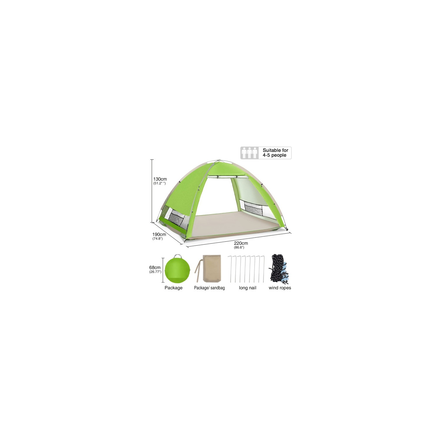 Grande Tente Pop Up, Protection UV, Légère, Imperméable, Tente de Camping de Plage Intérieure Extérieure Pliable pour 4-5 Personnes