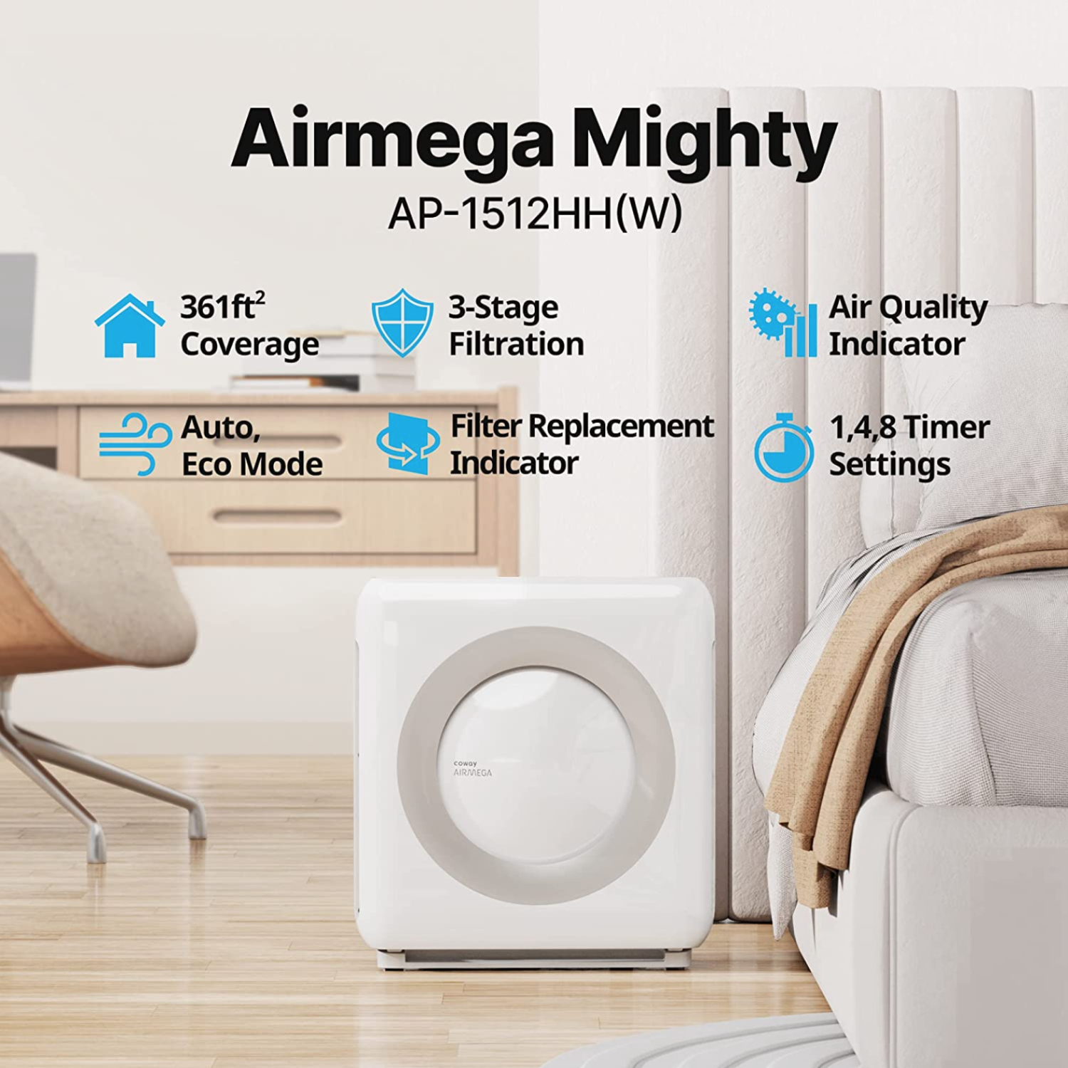 Coway Airmega True HEPA purificateur avec surveillance de la qualité de l'air, automatique, minuterie, indicateur de filtre et mode Eco, 16,8 x 18,3