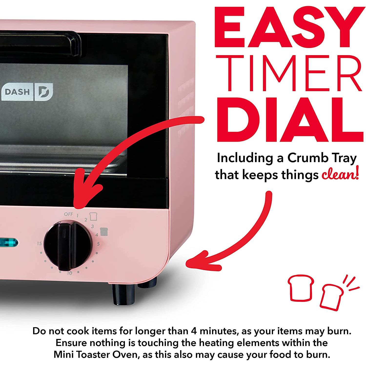 DASH Mini Toaster Oven Cooker for Bread, Bagels, Cookies, Pizza, Paninis & More with Baking Tray, Rack, Auto Shut Off Feature - Pink