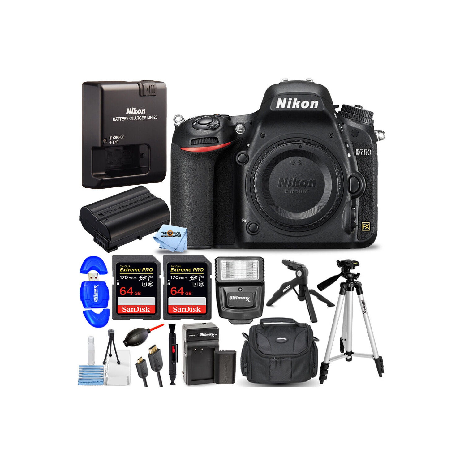 Nikon D750 DSLR Camera 1543 + 128GB + EXT BAT + Flash Bundle