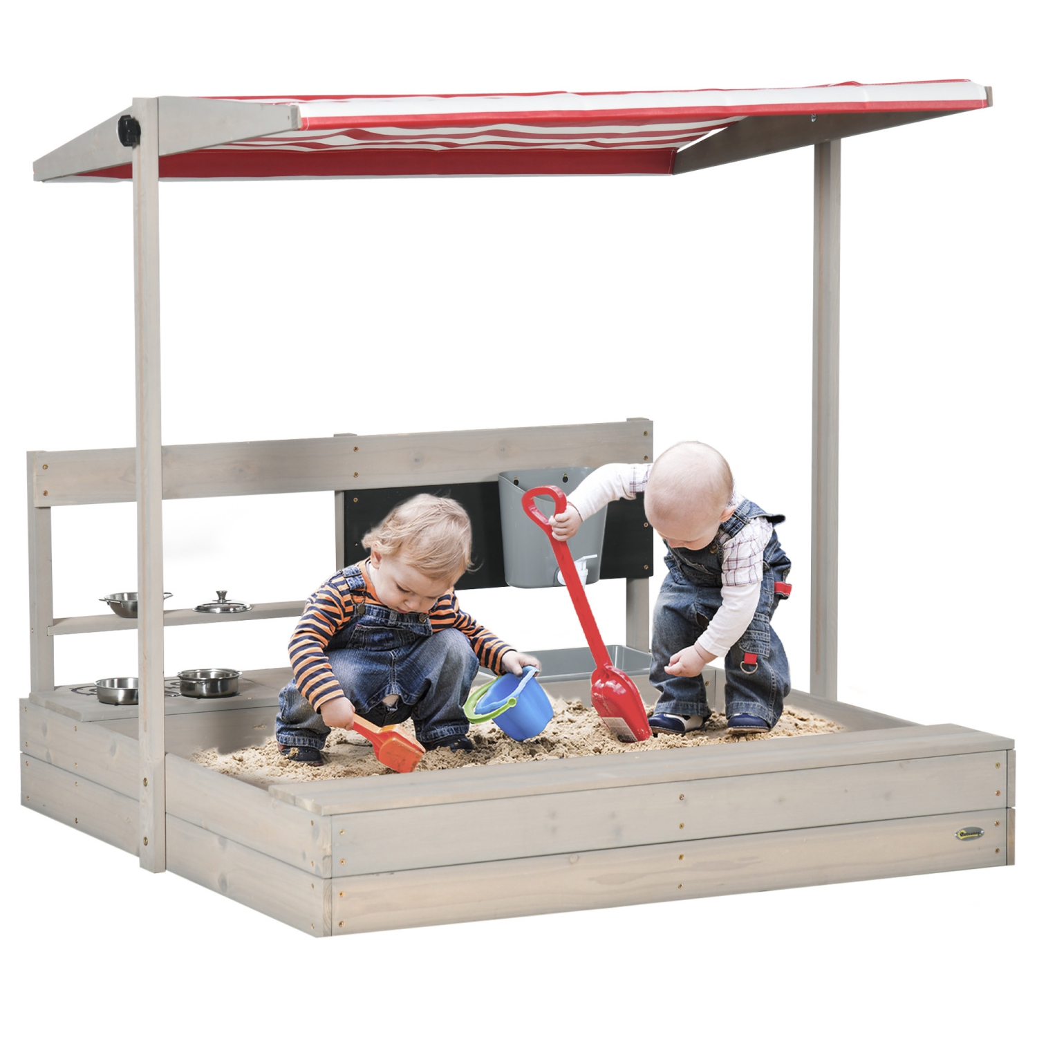 Outsunny Kids – Bac à sable avec couvercle, boîte à sable en bois avec auvent à hauteur réglable, ensemble de cuisine, siège, rangement, jeu de sable