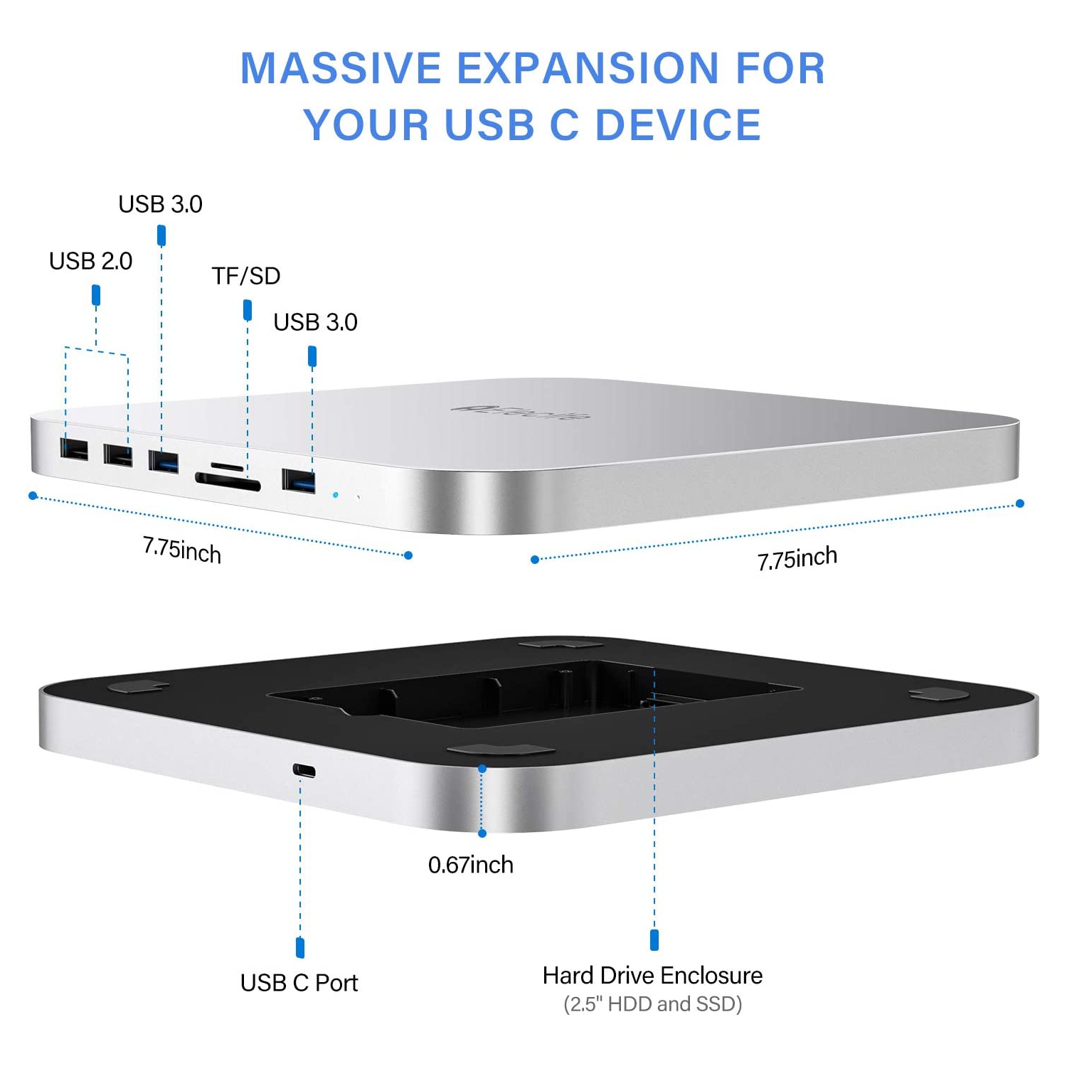 USB-C Hub with Hard Drive Enclosure for Mac Mini M1, Type C Docking Station with SATA SSD/HDD Slot, Dual USB 3.0/2.0 Port, TF/SD Card Readers,