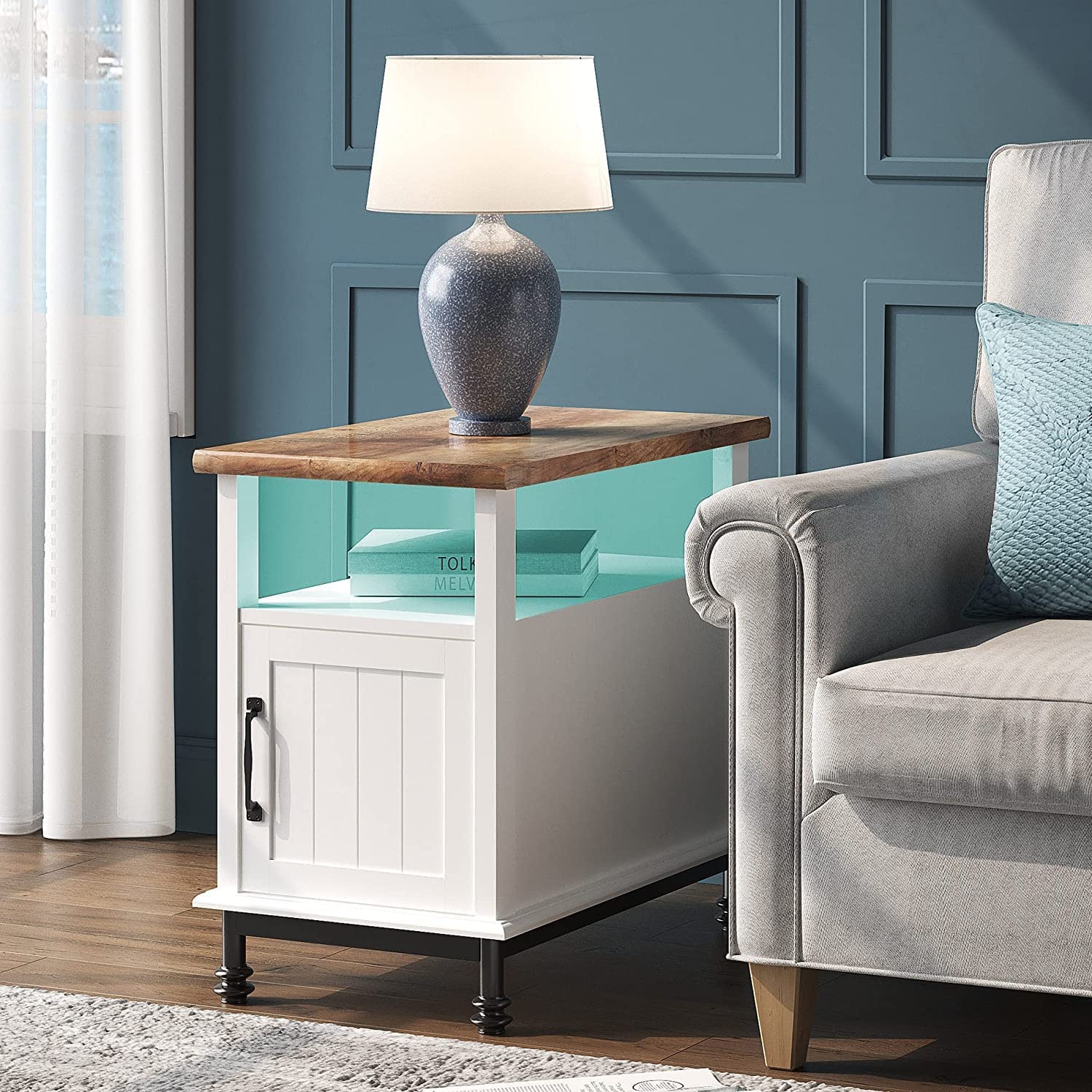 WAMPAT Farmhouse End Tables with Led Lights,Premium Wood Accent End Side Table with Open Storage, Cabinet and Back Shelf for Living Room and Bedroom,