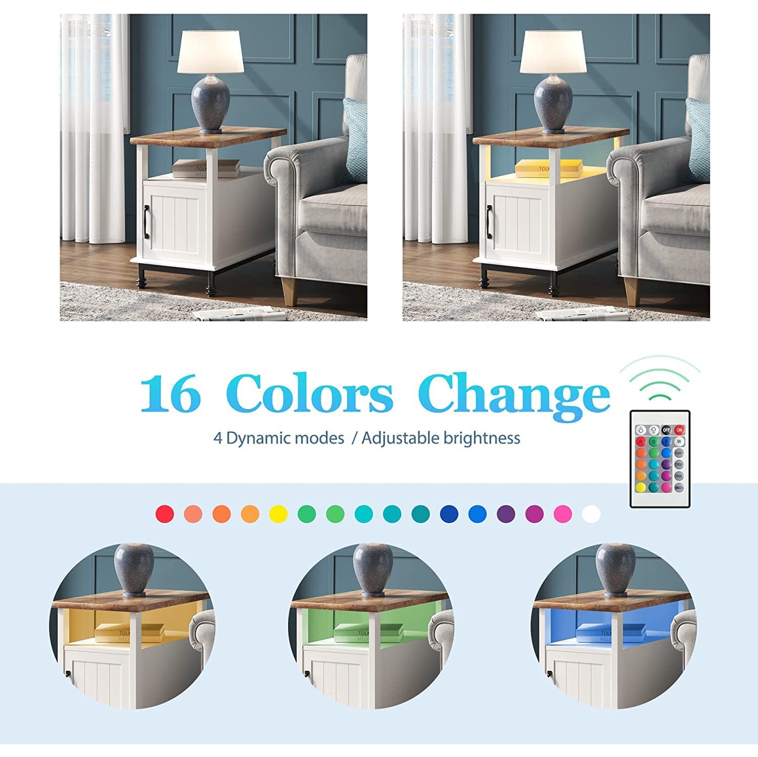 WAMPAT Farmhouse End Tables with Led Lights,Premium Wood Accent End Side Table with Open Storage, Cabinet and Back Shelf for Living Room and Bedroom,