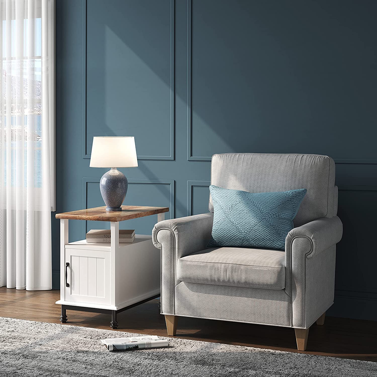 WAMPAT Farmhouse End Tables with Led Lights,Premium Wood Accent End Side Table with Open Storage, Cabinet and Back Shelf for Living Room and Bedroom,