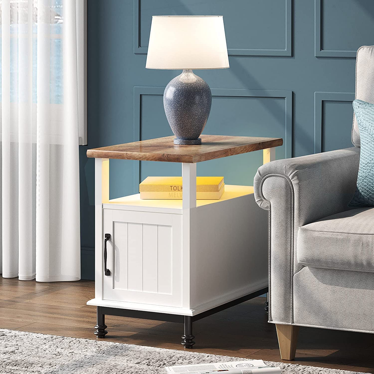 WAMPAT Farmhouse End Tables with Yellow Led Lights,Premium Wood Accent End Side Table with Open Storage for Living Room and Bedroom, Metal Feet, 24",
