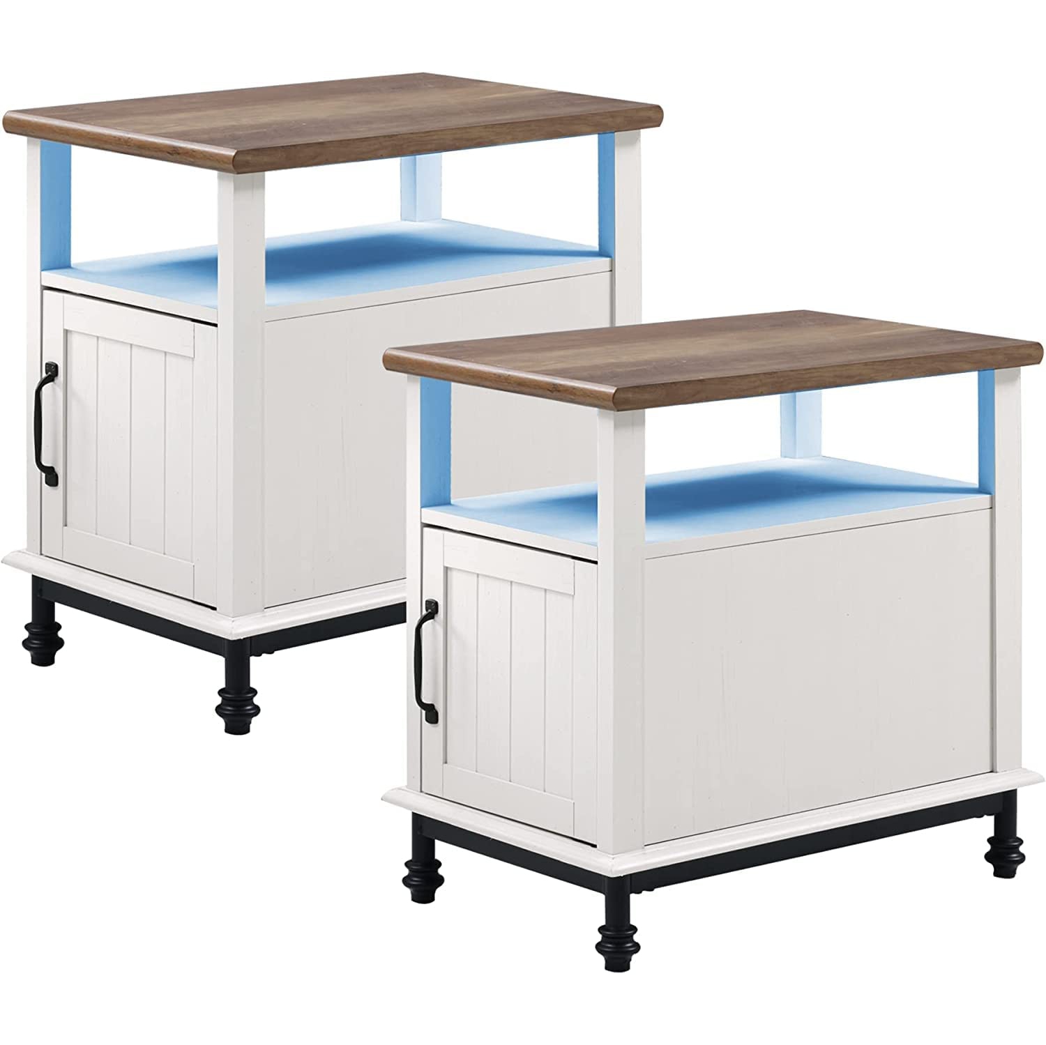 WAMPAT Set of 2 Farmhouse End Tables with Blue Led Lights,Premium Wood Accent End Side Table with Open Storage for Living Room and Bedroom, Metal