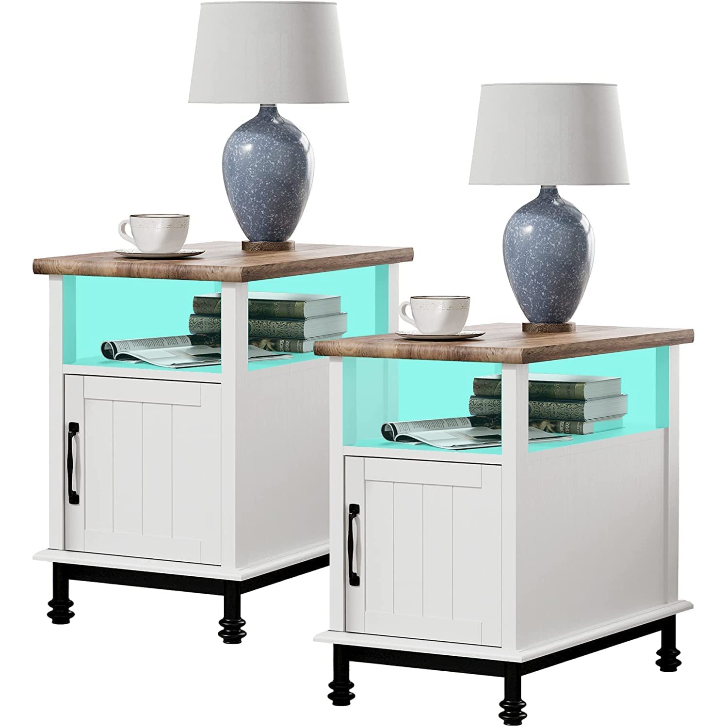WAMPAT Set of 2 Farmhouse End Tables with Led Lights,Premium Wood Accent End Side Table with Open Storage for Living Room and Bedroom, Metal Feet,
