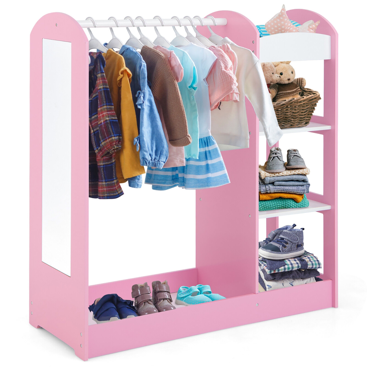 Gymax Kids Dress up Storage Hanging Armoire Dresser Costume Closet w/ Mirror Shelves