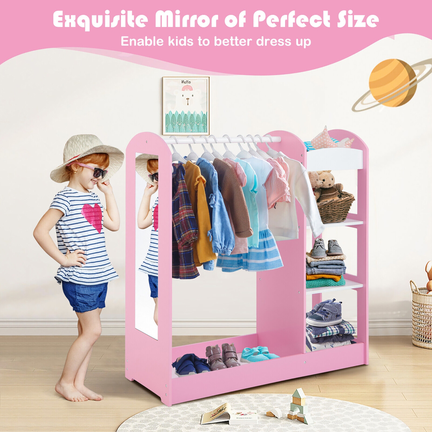 Gymax Kids Dress up Storage Hanging Armoire Dresser Costume Closet w/ Mirror Shelves