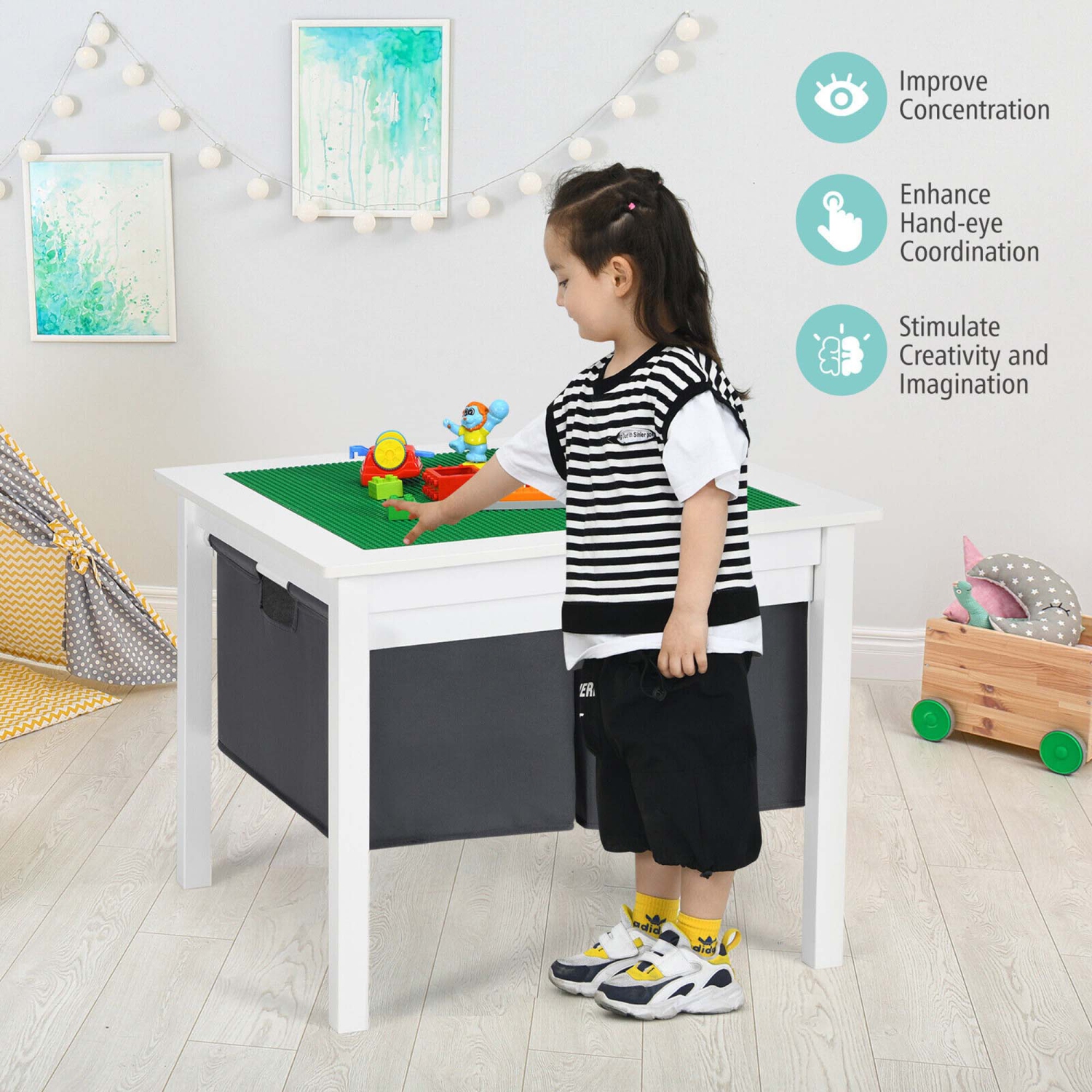 Gymax 2-in-1 Kids Double-sided Activity Building Block Table w/ Storage Drawers White