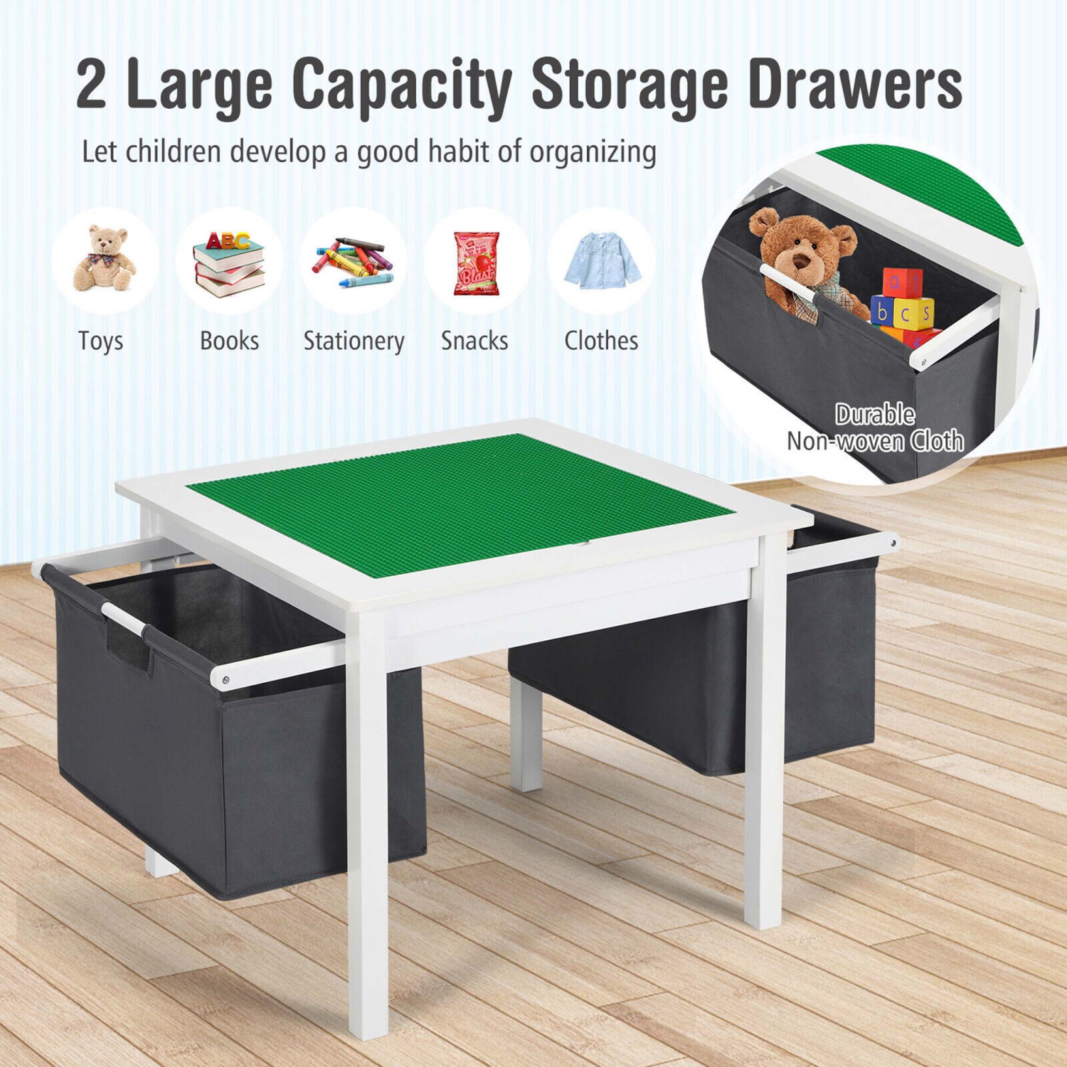Gymax 2-in-1 Kids Double-sided Activity Building Block Table w/ Storage Drawers White