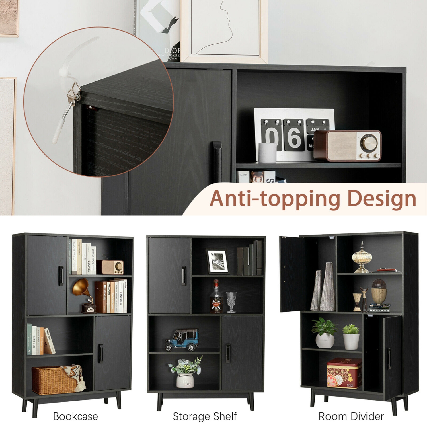 Gymax Sideboard Storage Cabinet Bookshelf Cupboard w/Door Shelf Black / White / Espresso