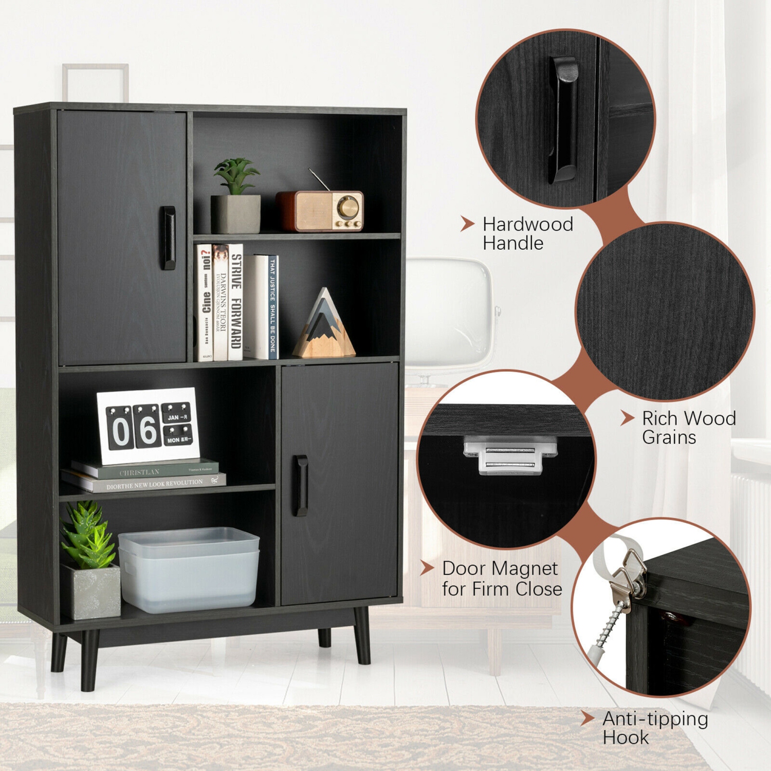 Gymax Sideboard Storage Cabinet Bookshelf Cupboard w/Door Shelf Black / White / Espresso