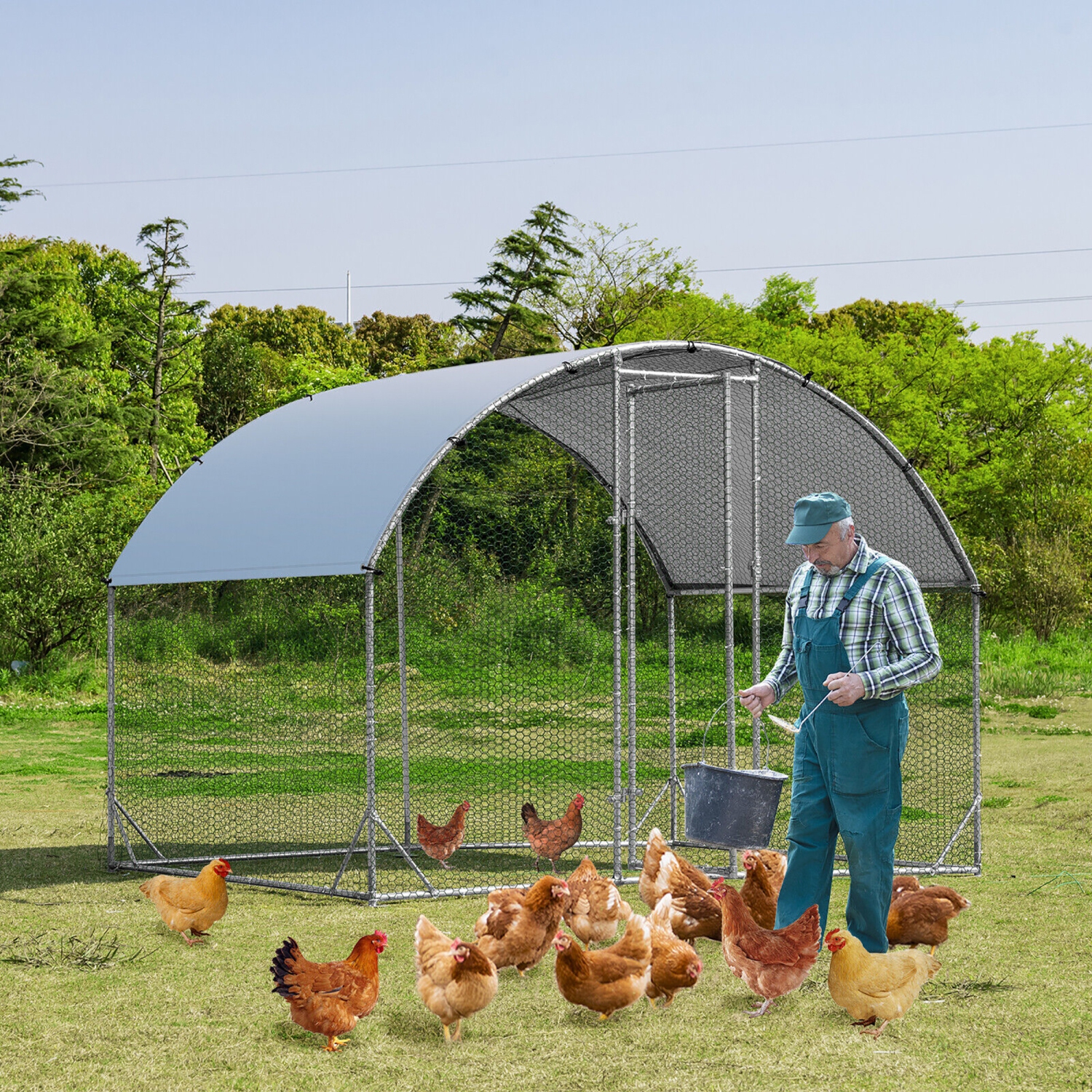 Gymax Large Metal Chicken Coop Outdoor Galvanized Dome Cage w/ Cover 9 ft x 6.2 ft