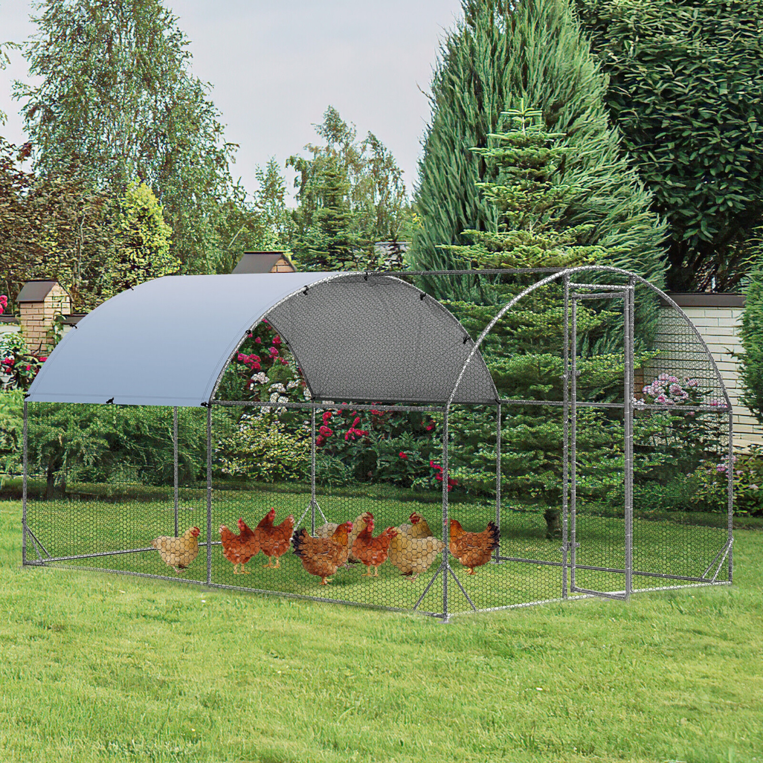 Gymax Large Metal Chicken Coop Outdoor Galvanized Dome Cage w/ Cover 9 ft x 12.5 ft