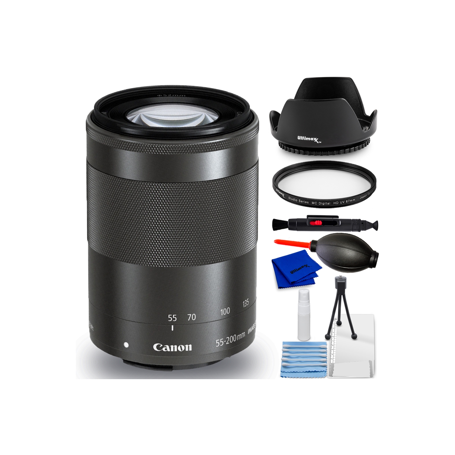 Canon EF-M 55-200mm f/4.5-6.3 IS STM Lens (Black) 9517B002 - 7PC Accessory  Kit