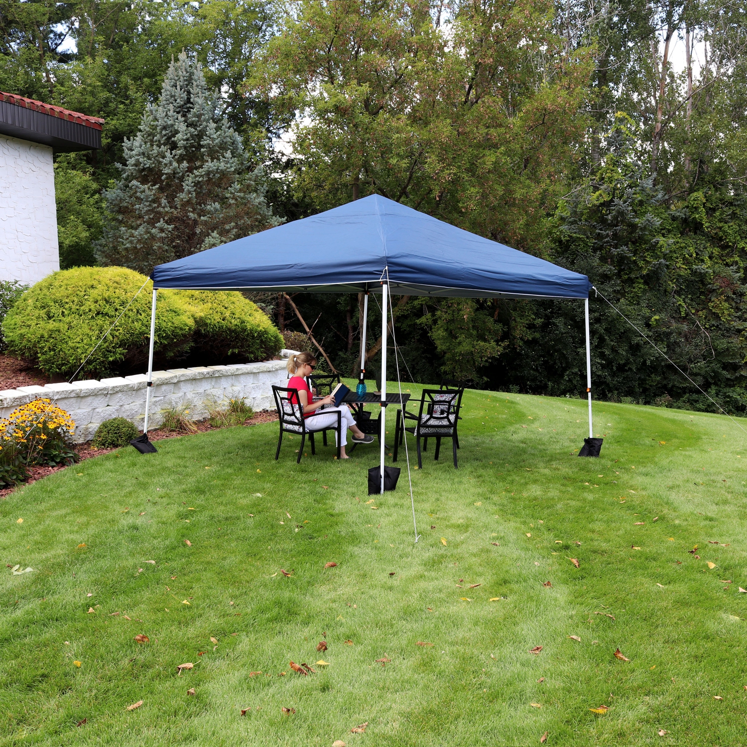 Sunnydaze Standard Pop-Up Canopy with Sandbags - 12 ft x 12 ft - Blue