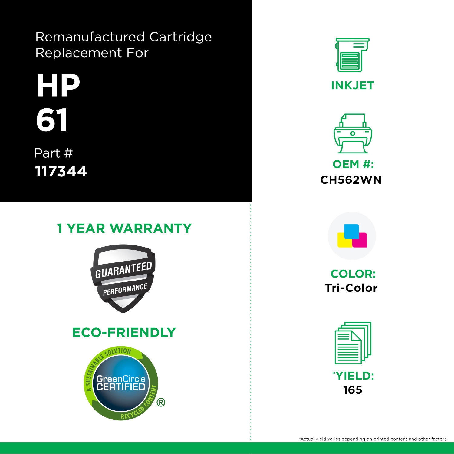 Clover Imaging Group Remanufactured Tri-Color Ink Cartridge for HP 61 --Refurbished Excellent