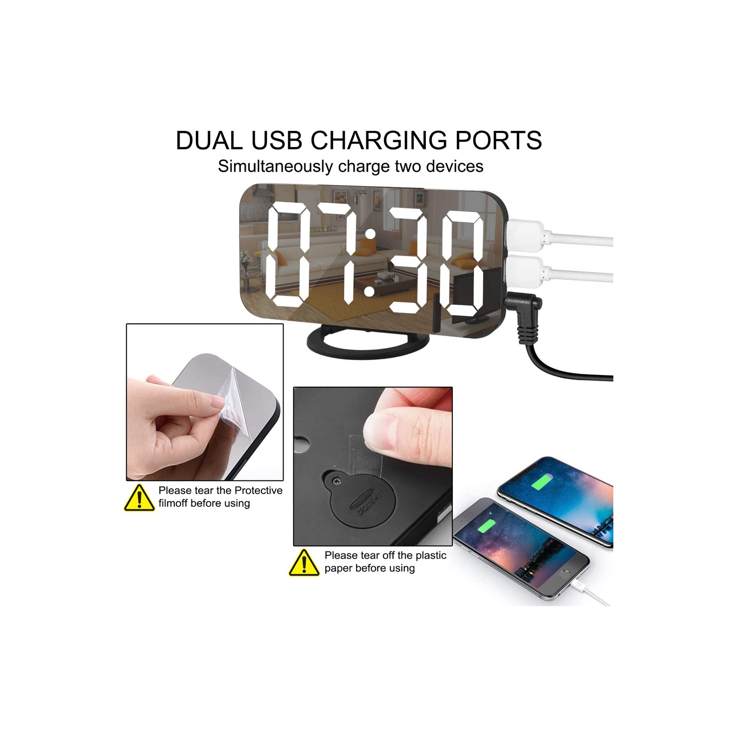 axGear Réveil Miroir Numérique Grand Affichage LED Avec Deux Ports De Chargeur USB Pour La Maison - Noir